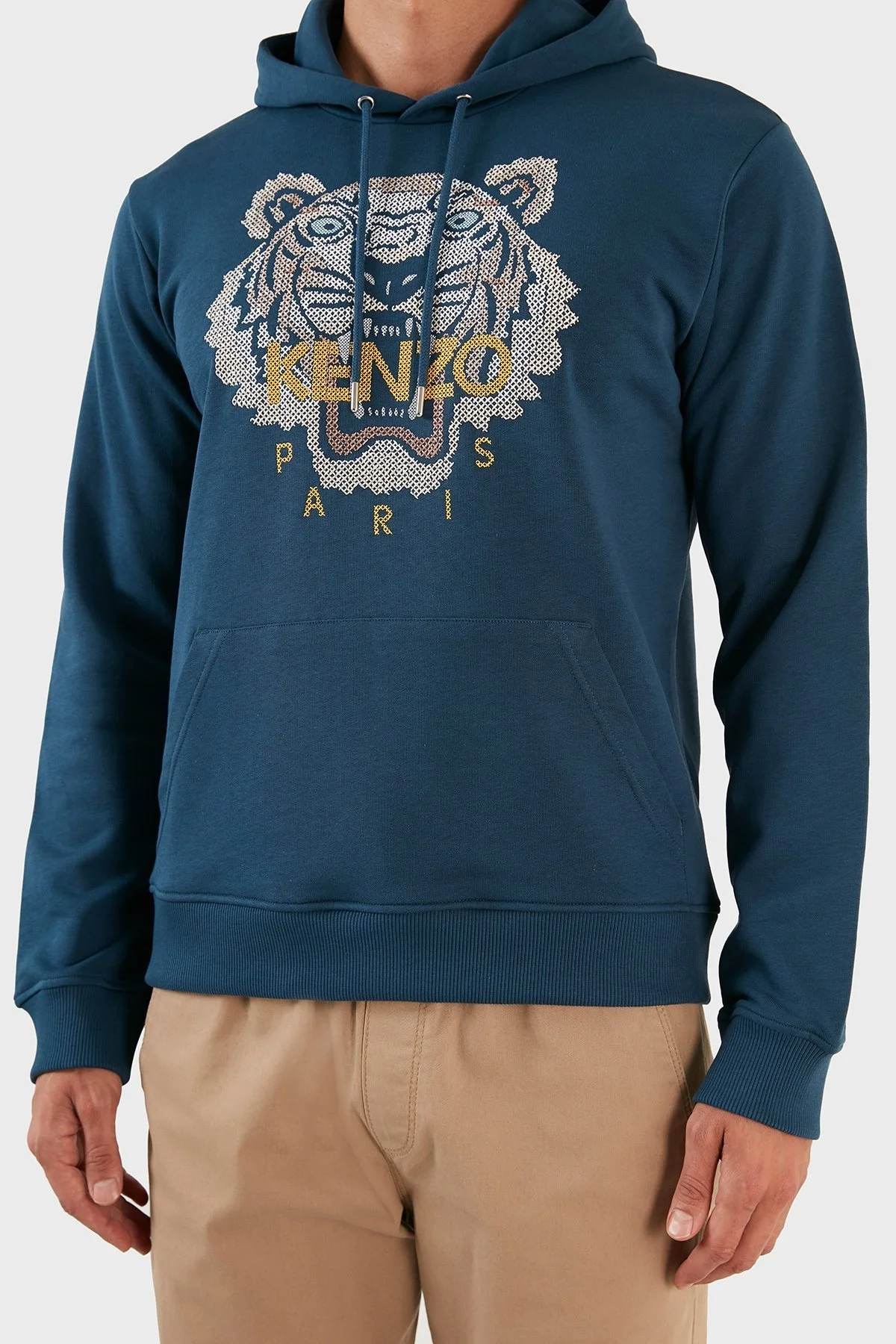 Kenzo % 100 Pamuk Tiger İşlemeli Kapüşonlu Kanguru Cepli Regular Fit Erkek Sweat FC6 5SW341 4XD 72 PETROL - 6