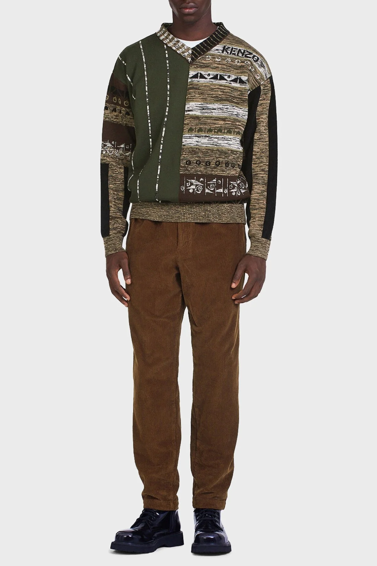 Kenzo Pamuk ve Yün Karışımlı Desenli Rahat Kesim V Yaka Erkek Kazak FC65PU3193CN51 HAKİ - 2