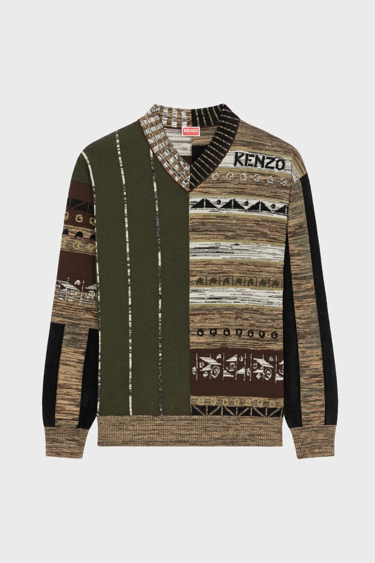 Kenzo Pamuk ve Yün Karışımlı Desenli Rahat Kesim V Yaka Erkek Kazak FC65PU3193CN51 HAKİ - 5