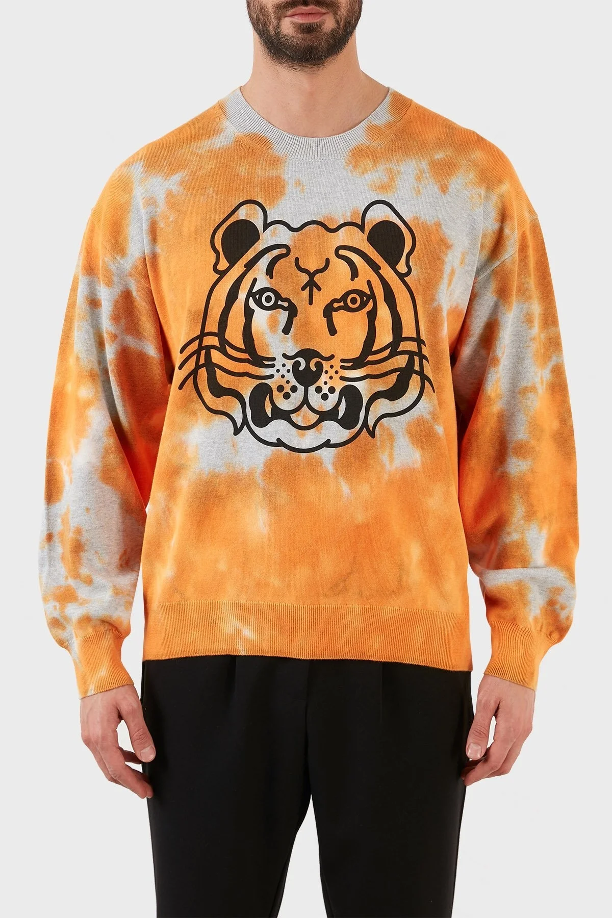 Kenzo Pamuklu Baskılı Bisiklet Yaka Erkek Kazak FC5 5PU689 3TE 16 GRİ-TURUNCU - 1