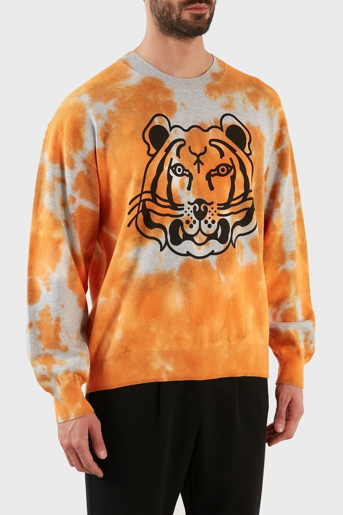 Kenzo Pamuklu Baskılı Bisiklet Yaka Erkek Kazak FC5 5PU689 3TE 16 GRİ-TURUNCU - 3