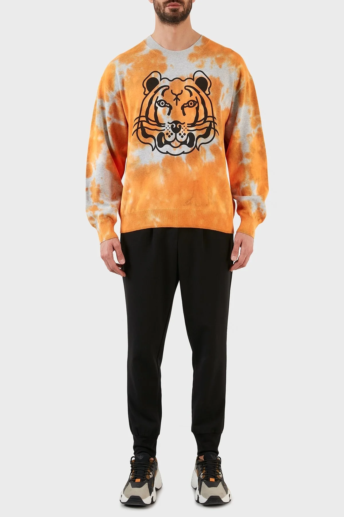 Kenzo Pamuklu Baskılı Bisiklet Yaka Erkek Kazak FC5 5PU689 3TE 16 GRİ-TURUNCU - 5