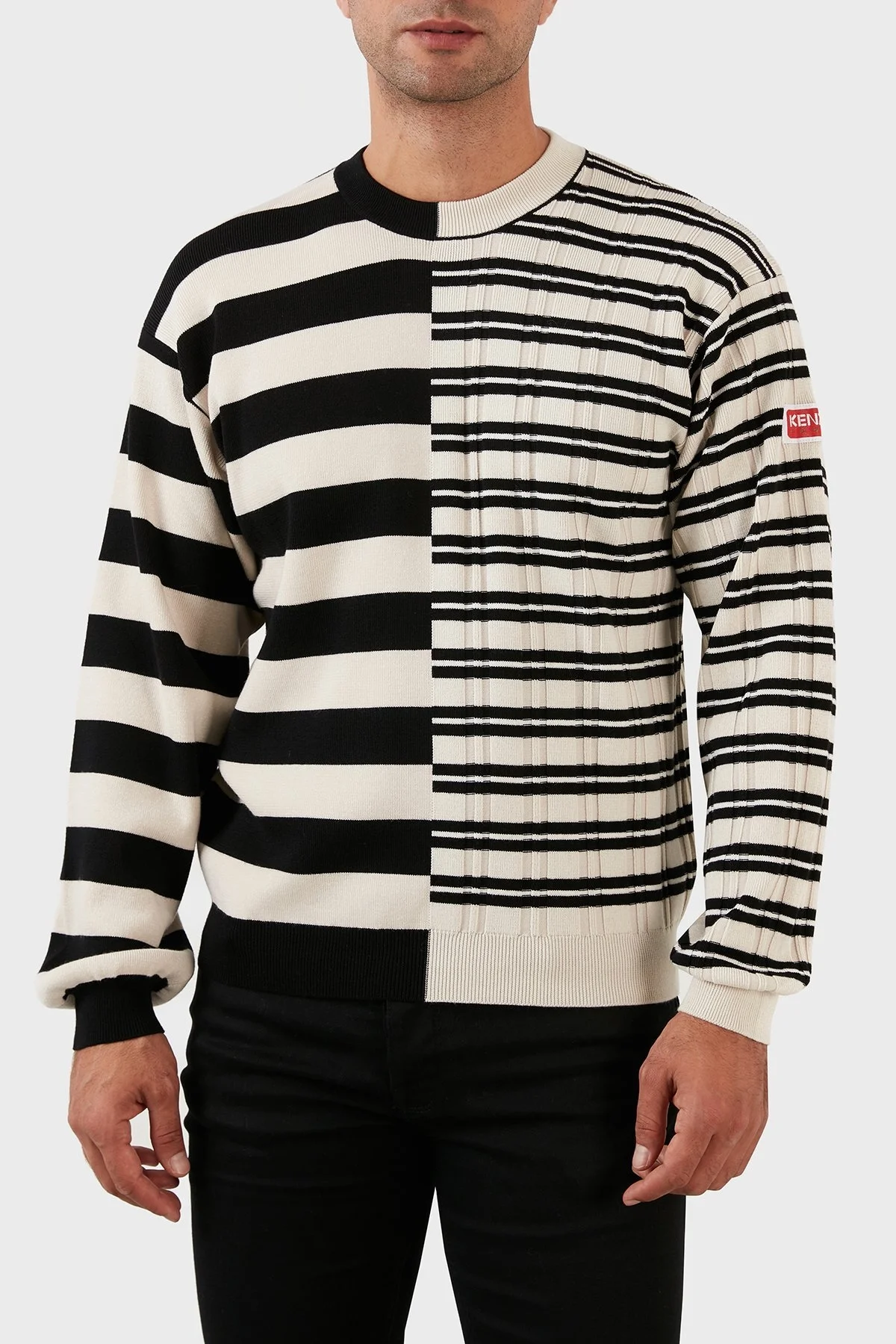 Kenzo Yünlü Çizgili Regular Fit Sıfır Yaka Erkek Kazak FC65PU3283CK02 BEJ - 1