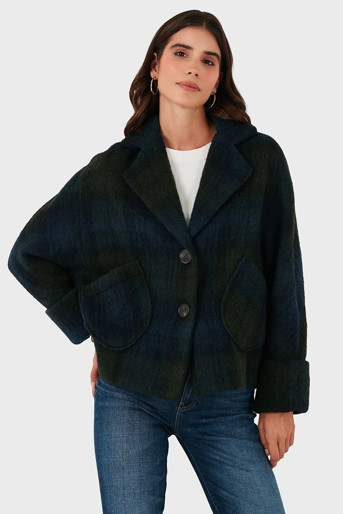 Lazzerini Tiziana Kareli Yün Karışımlı Regular Fit Kruvaze Yaka Bayan Ceket 6891685 LACİVERT-YEŞİL - 1