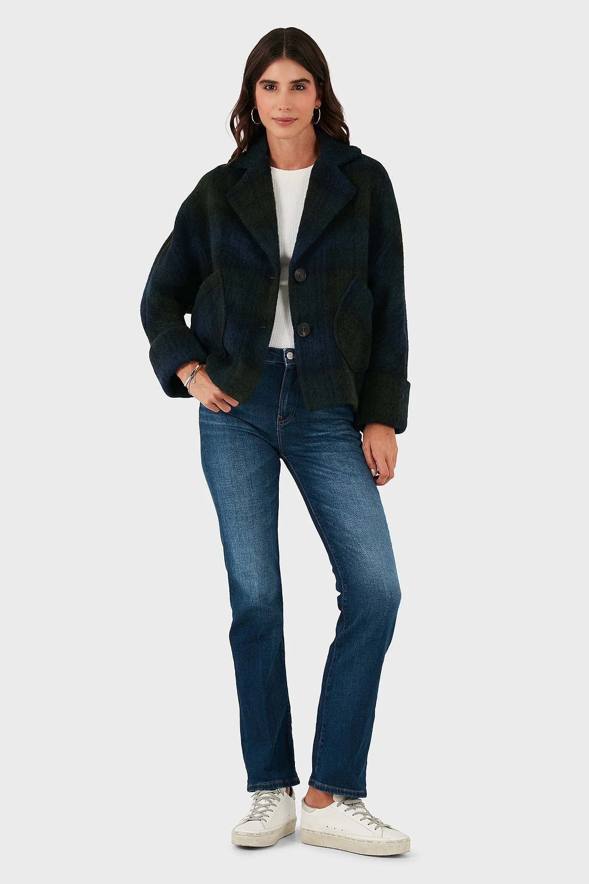 Lazzerini Tiziana Kareli Yün Karışımlı Regular Fit Kruvaze Yaka Bayan Ceket 6891685 LACİVERT-YEŞİL - 2