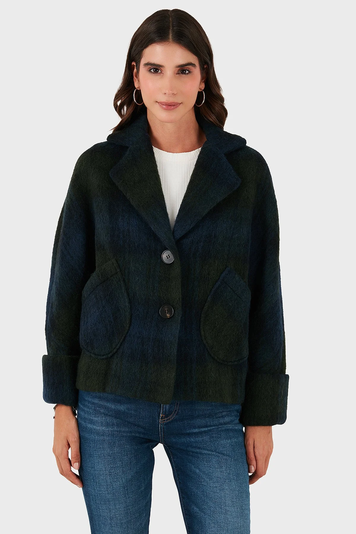 Lazzerini Tiziana Kareli Yün Karışımlı Regular Fit Kruvaze Yaka Bayan Ceket 6891685 LACİVERT-YEŞİL - 6