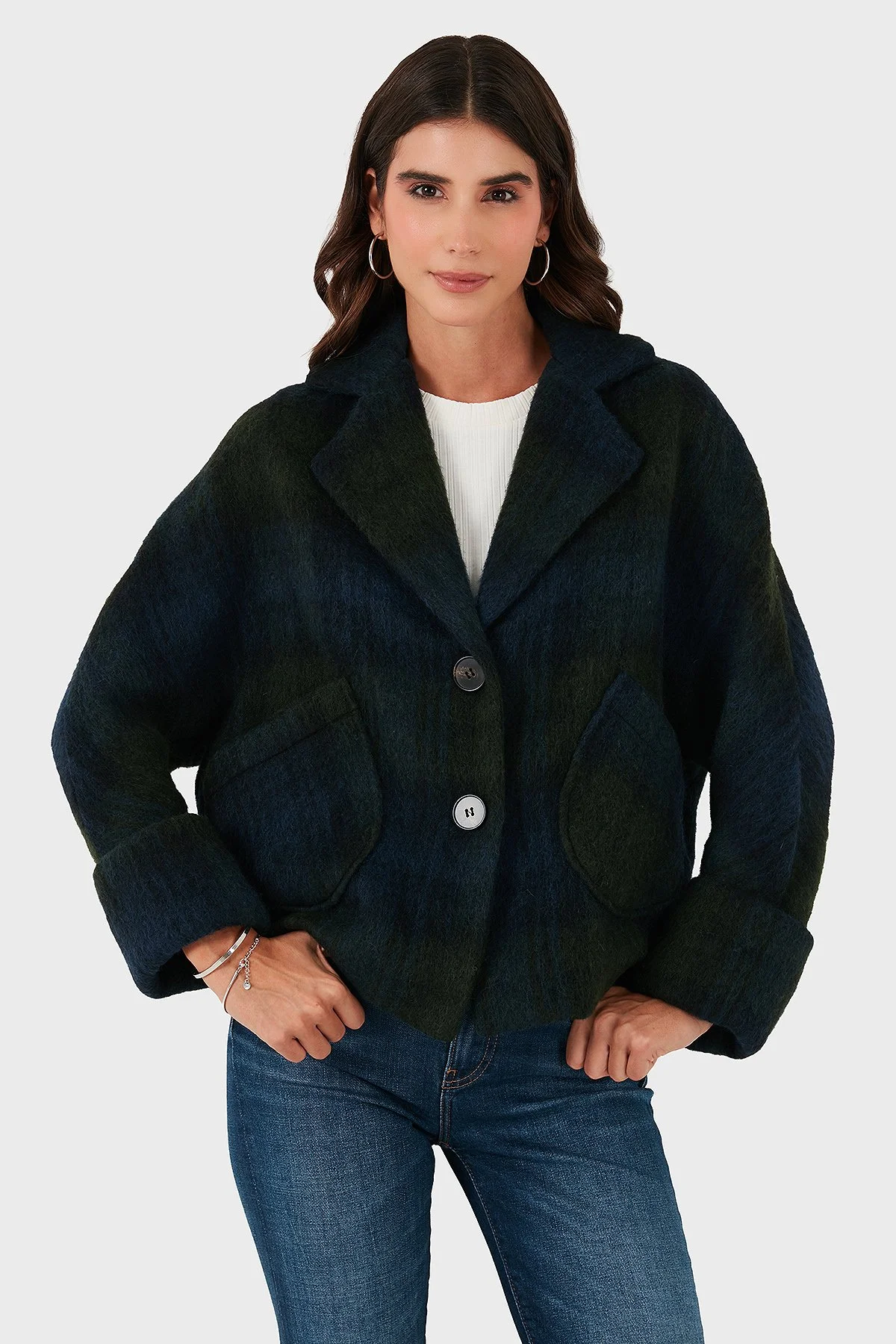 Lazzerini Tiziana Kareli Yün Karışımlı Regular Fit Kruvaze Yaka Kadın Ceket 6891685 LACİVERT-YEŞİL - 4