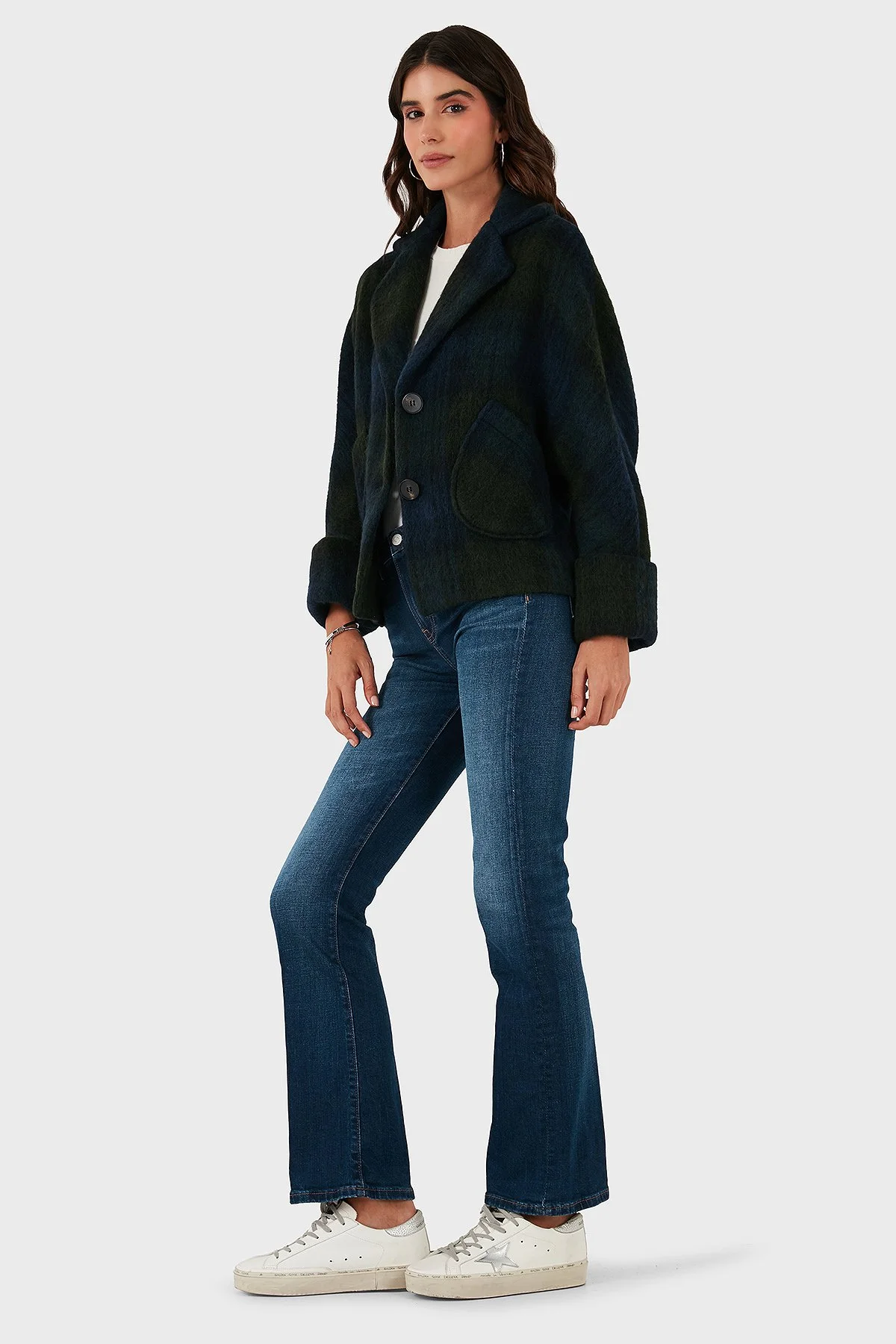 Lazzerini Tiziana Kareli Yün Karışımlı Regular Fit Kruvaze Yaka Kadın Ceket 6891685 LACİVERT-YEŞİL - 5