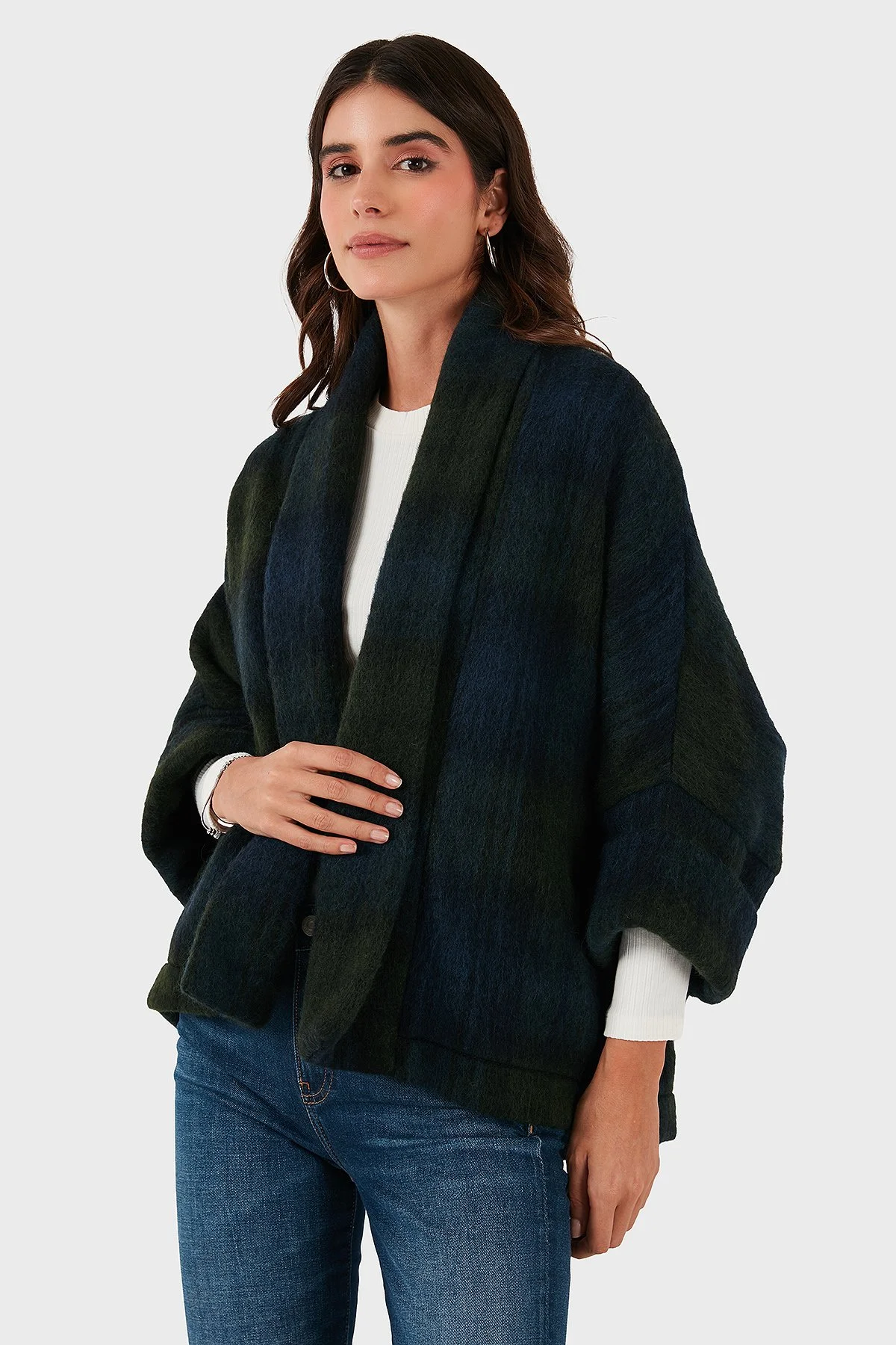 Lazzerini Tiziana Kareli Yün Karışımlı Regular Fit Şal Yaka Bayan Panço 6891201 LACİVERT-YEŞİL - 1