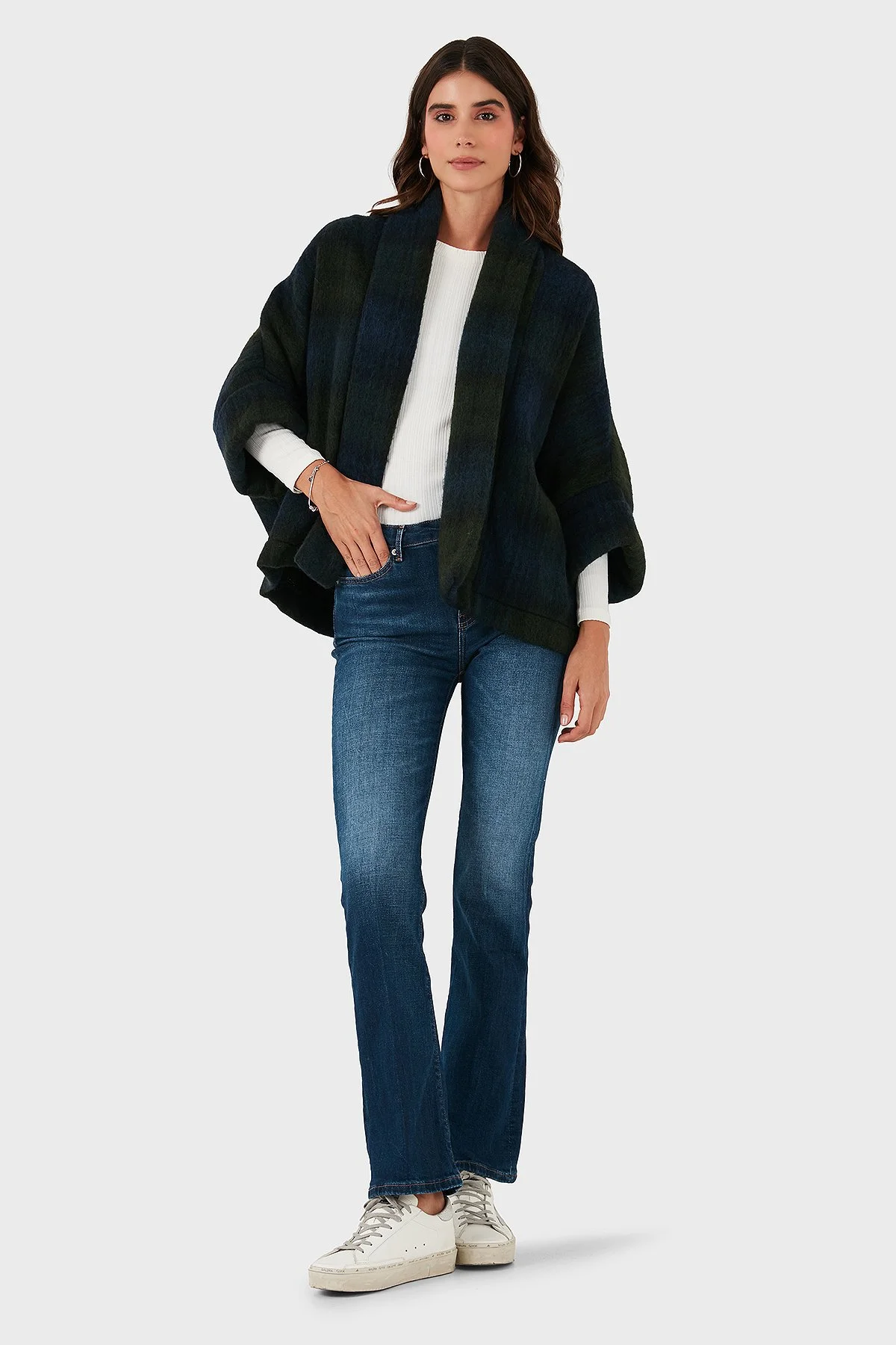 Lazzerini Tiziana Kareli Yün Karışımlı Regular Fit Şal Yaka Bayan Panço 6891201 LACİVERT-YEŞİL - 2