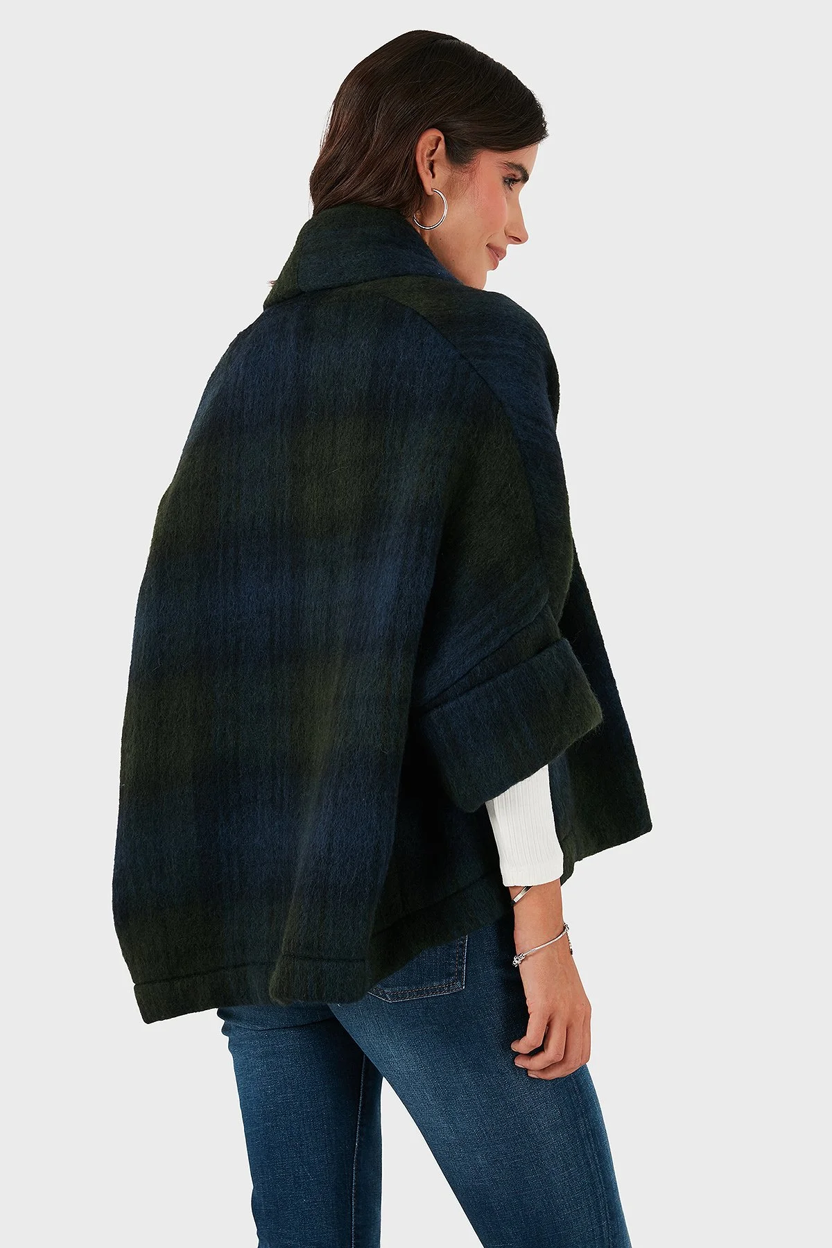 Lazzerini Tiziana Kareli Yün Karışımlı Regular Fit Şal Yaka Bayan Panço 6891201 LACİVERT-YEŞİL - 3