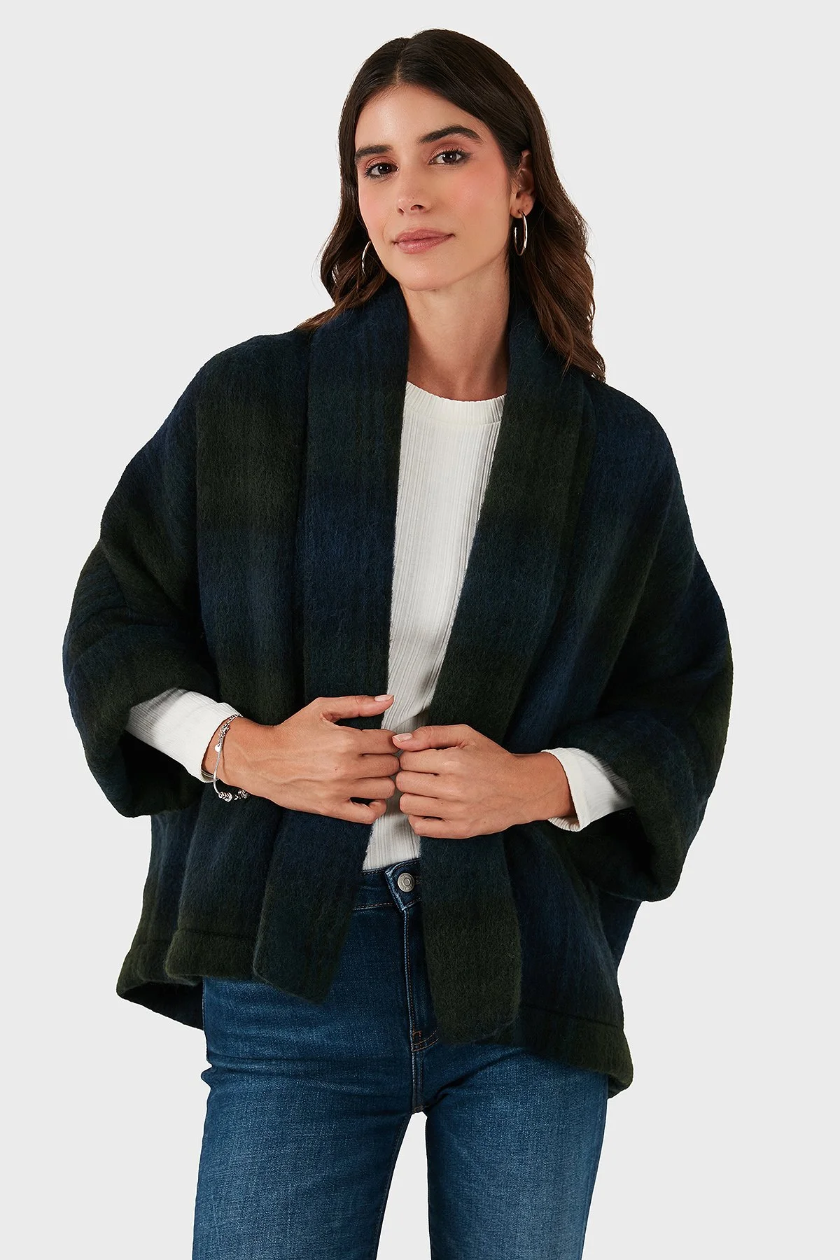 Lazzerini Tiziana Kareli Yün Karışımlı Regular Fit Şal Yaka Bayan Panço 6891201 LACİVERT-YEŞİL - 6