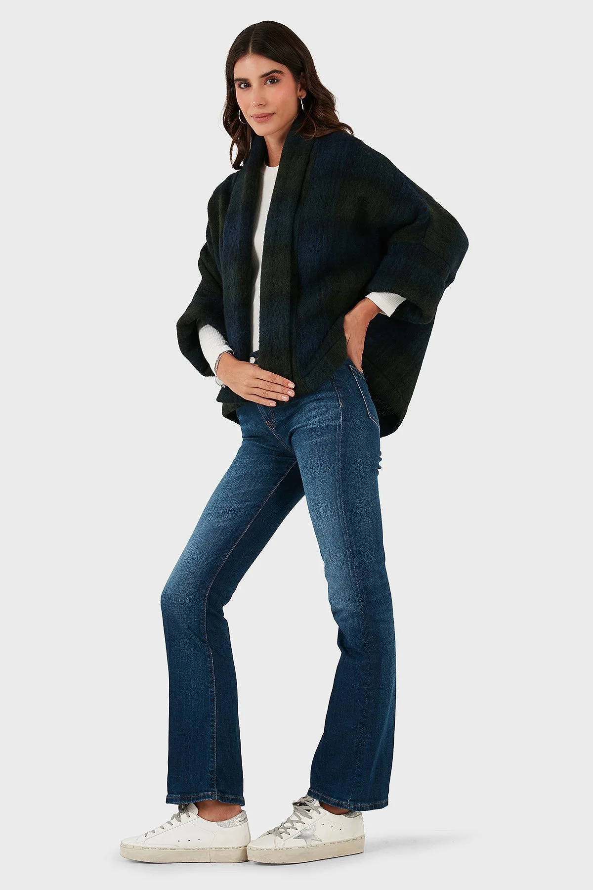 Lazzerini Tiziana Kareli Yün Karışımlı Regular Fit Şal Yaka Kadın Panço 6891201 LACİVERT-YEŞİL - 4