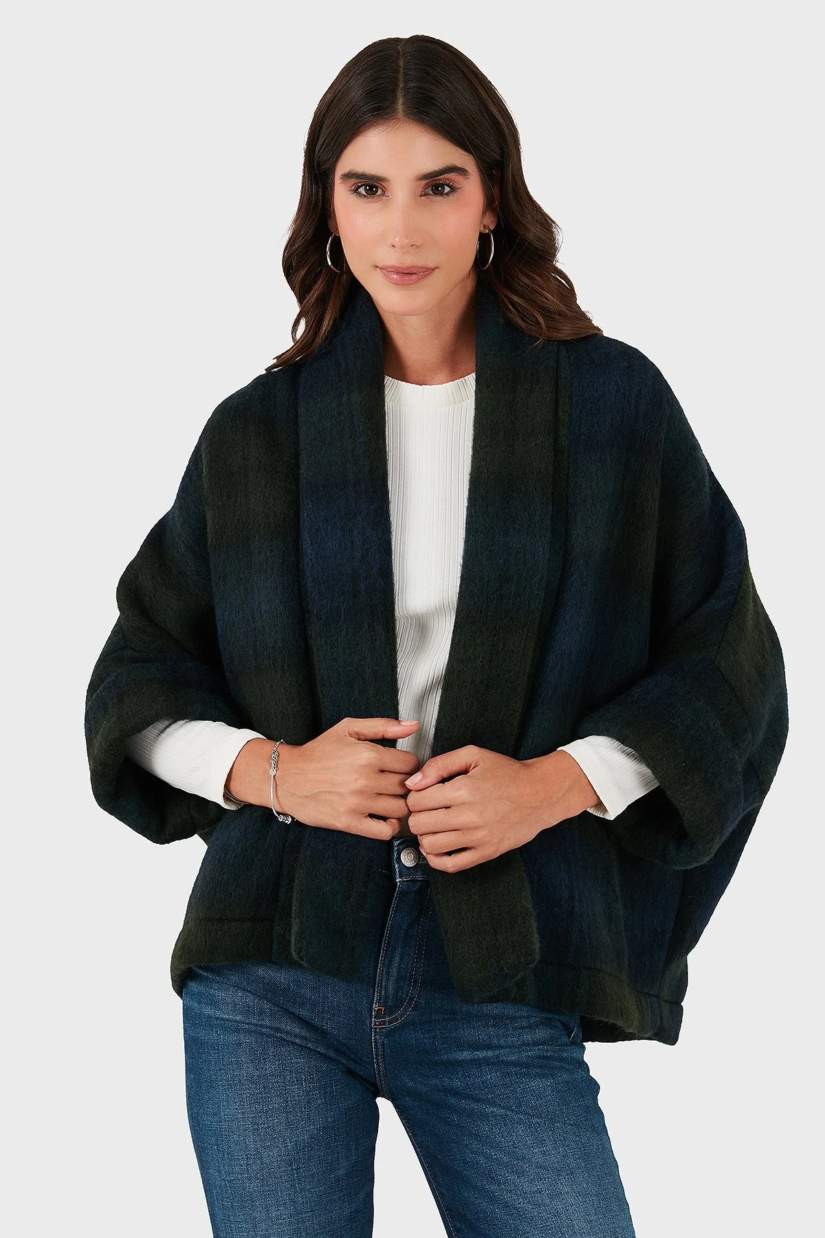 Lazzerini Tiziana Kareli Yün Karışımlı Regular Fit Şal Yaka Kadın Panço 6891201 LACİVERT-YEŞİL - 5