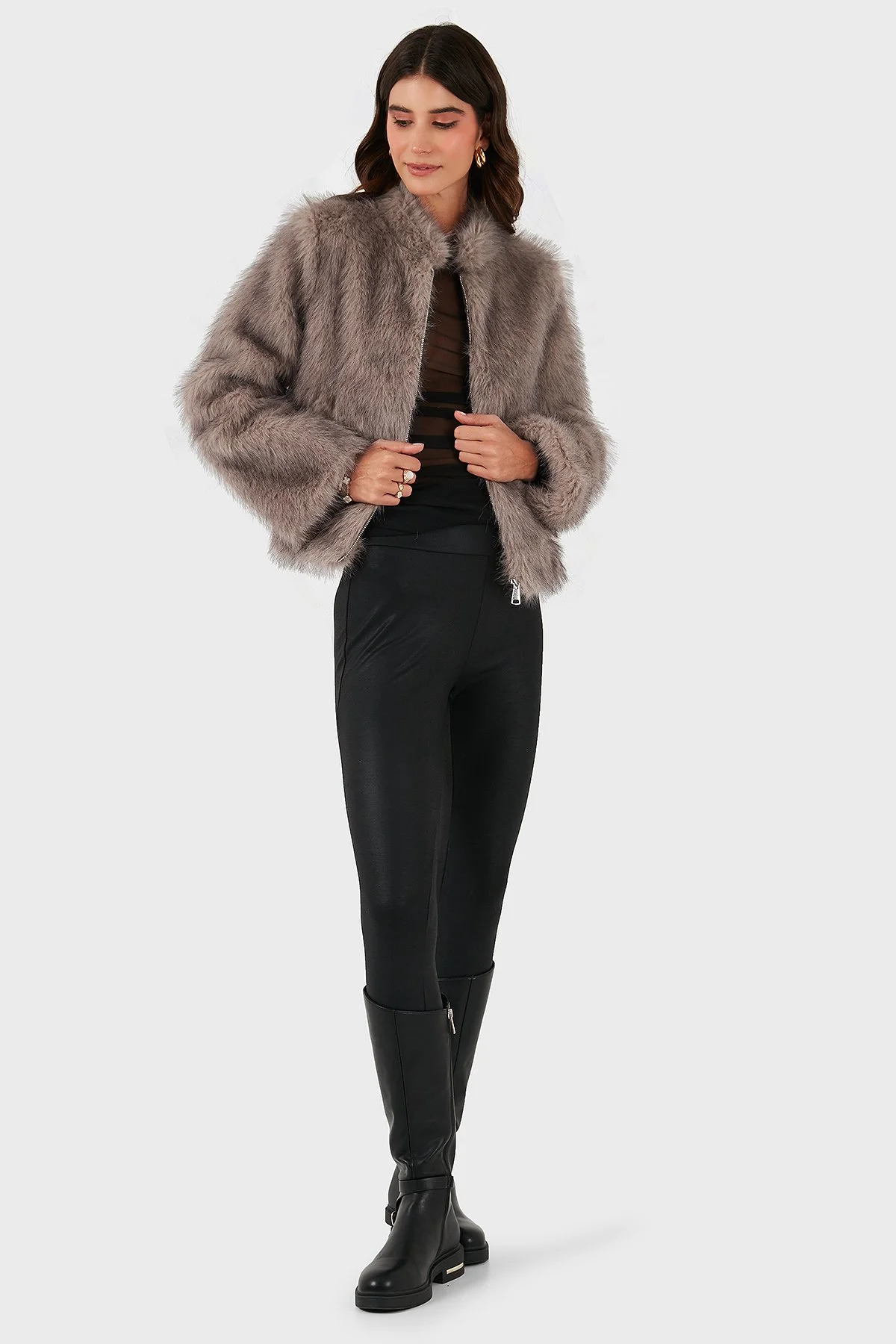 Lazzerini Tiziana Regular Fit Bisiklet Yaka Fermuarlı Bayan Kürk 68912359939 BEJ - 2