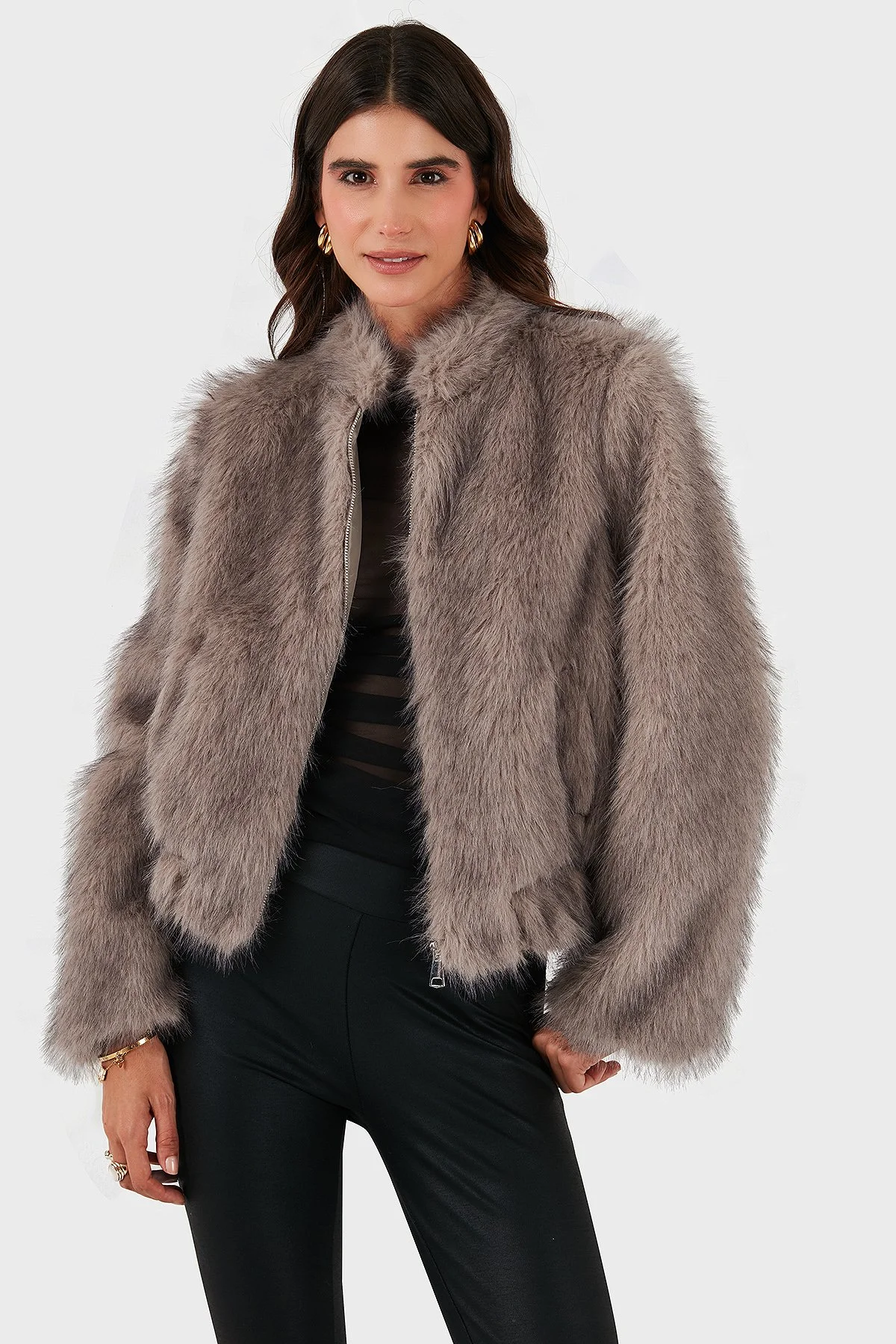 Lazzerini Tiziana Regular Fit Bisiklet Yaka Fermuarlı Kadın Kürk 68912359939 BEJ - 1