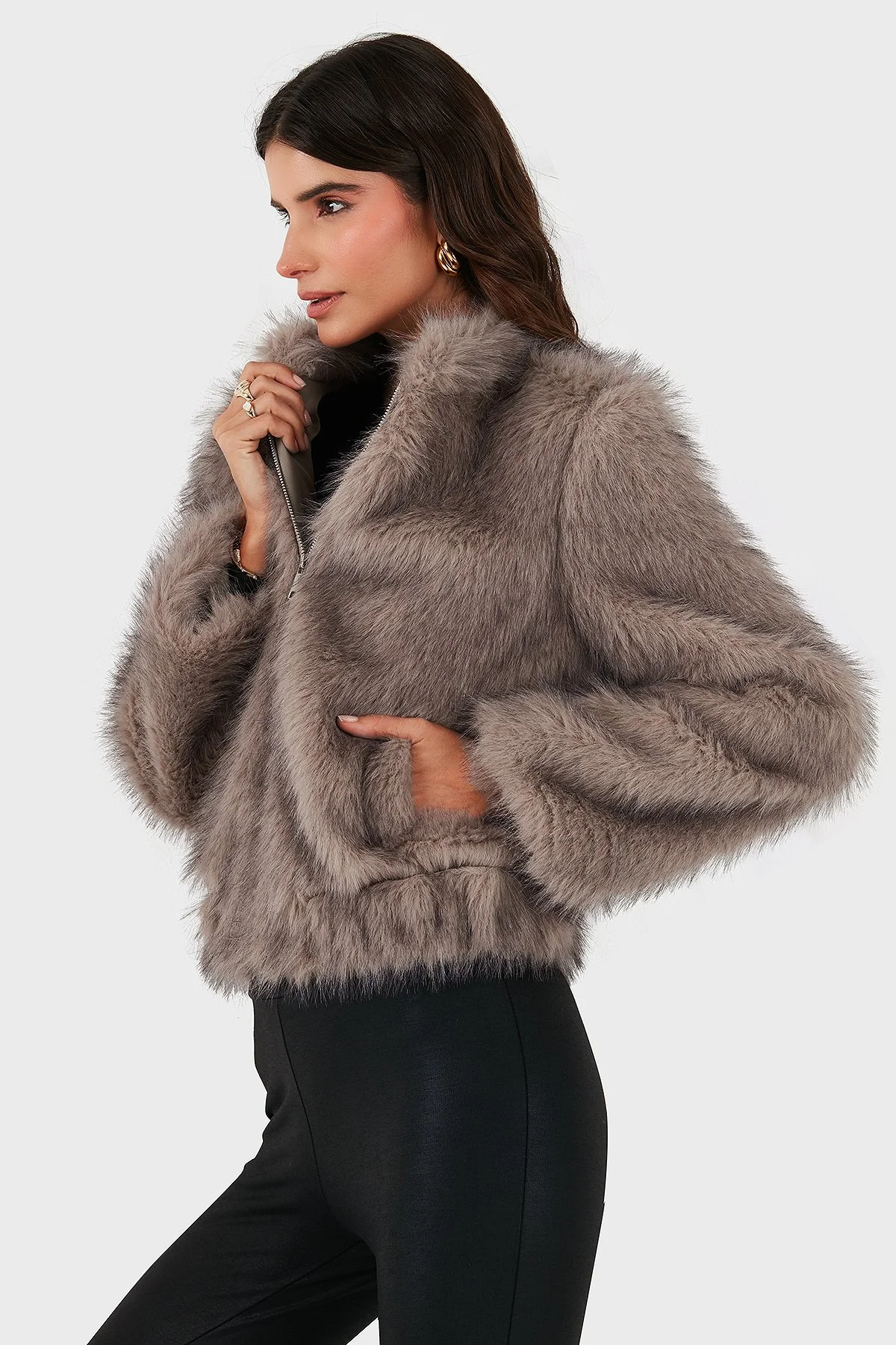 Lazzerini Tiziana Regular Fit Bisiklet Yaka Fermuarlı Kadın Kürk 68912359939 BEJ - 5