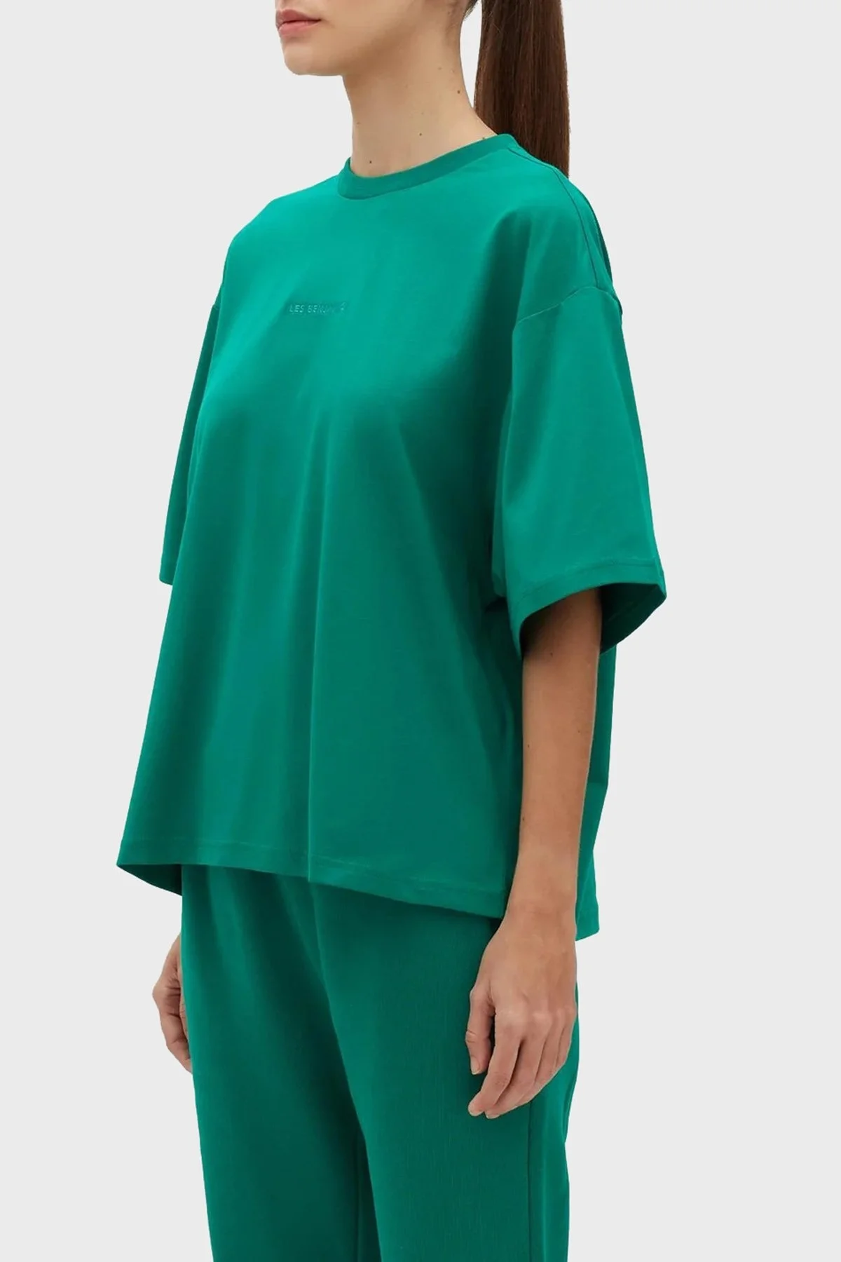 Les Benjamins % 100 Pamuk Oversize Bisiklet Yaka Cropped Bayan T Shirt LB23SSESSFUOT-301 YEŞİL - 2