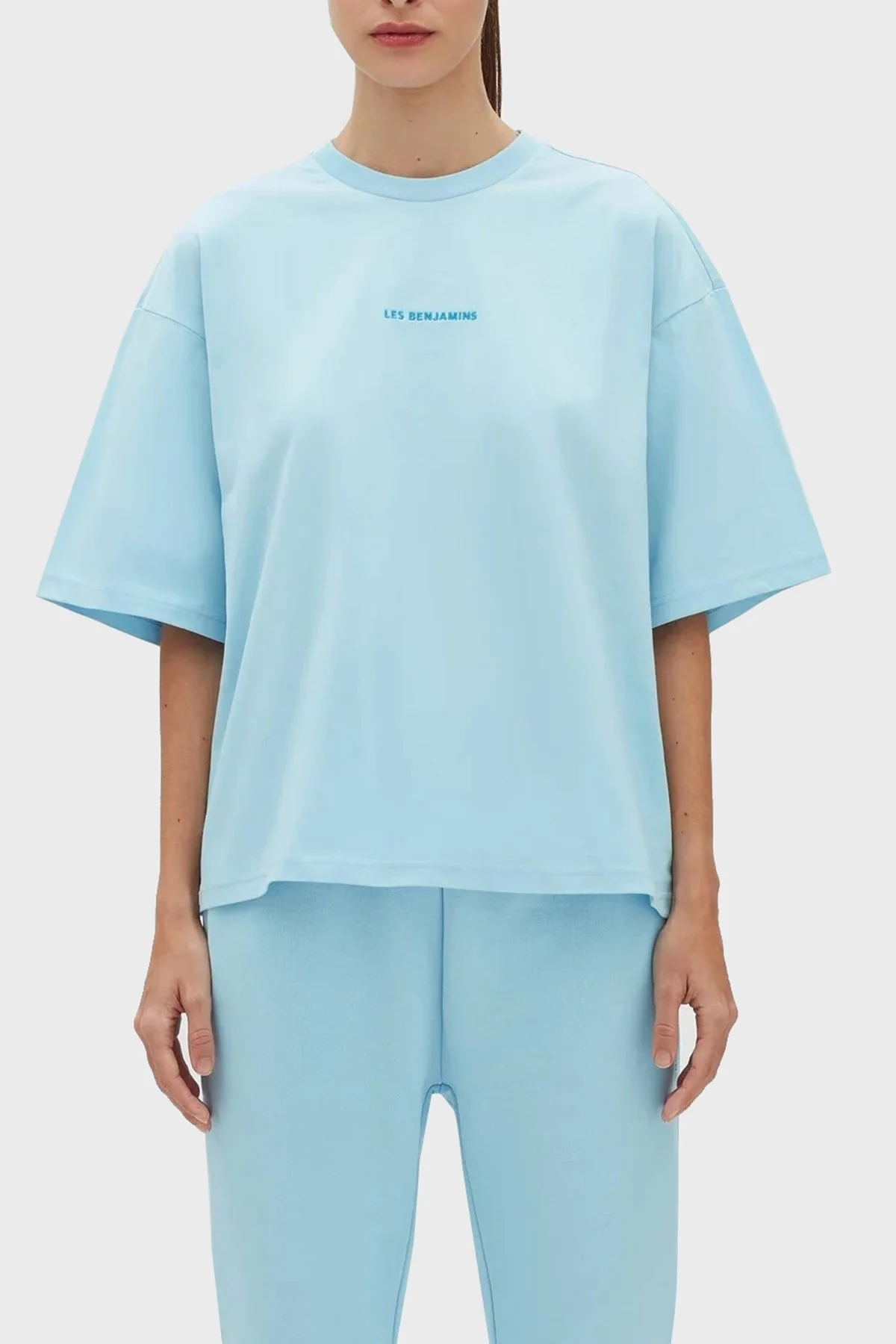 Les Benjamins % 100 Pamuk Oversize Bisiklet Yaka Cropped Bayan T Shirt LB23SSESSFUOT-303 MAVİ - 1