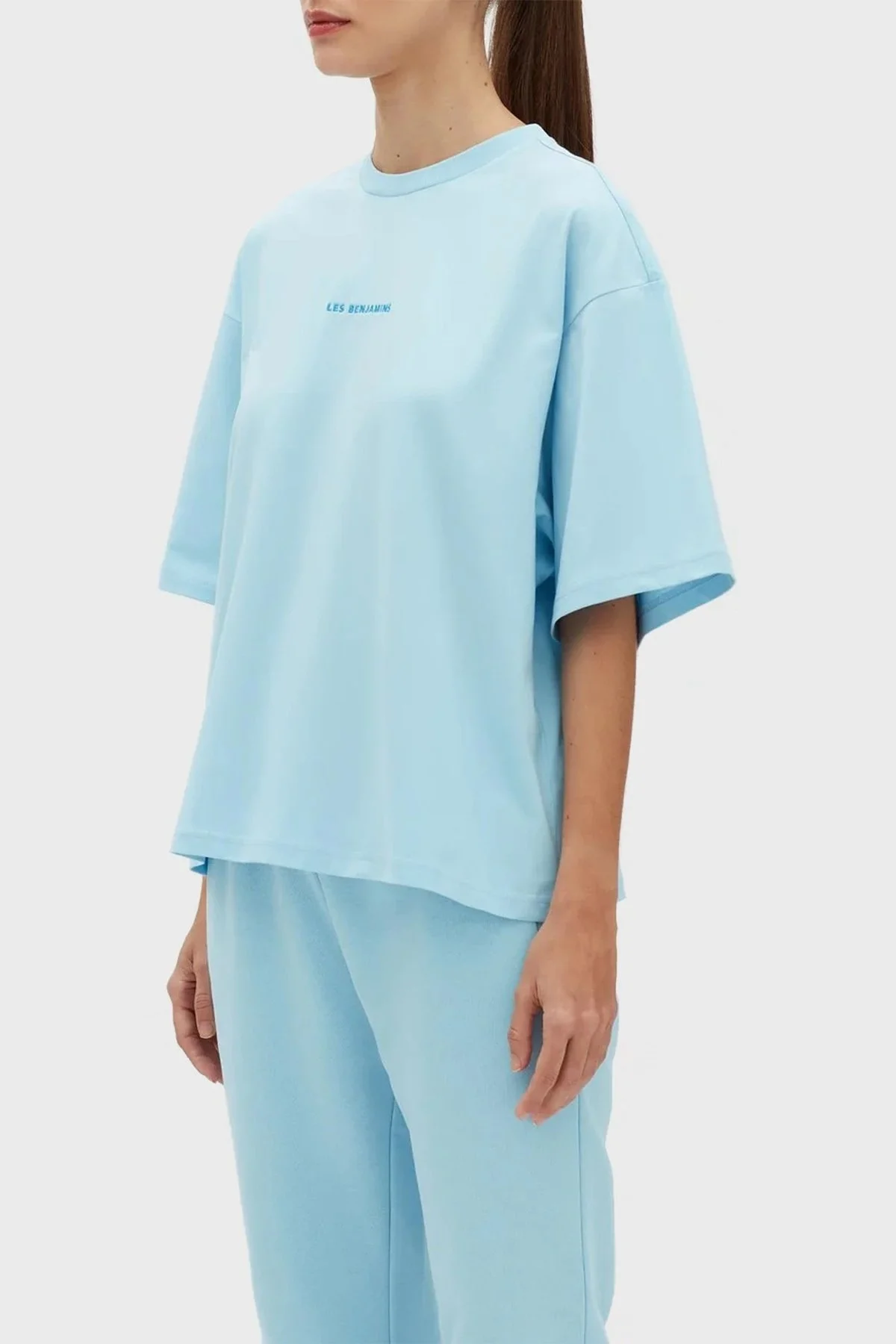 Les Benjamins % 100 Pamuk Oversize Bisiklet Yaka Cropped Bayan T Shirt LB23SSESSFUOT-303 MAVİ - 2