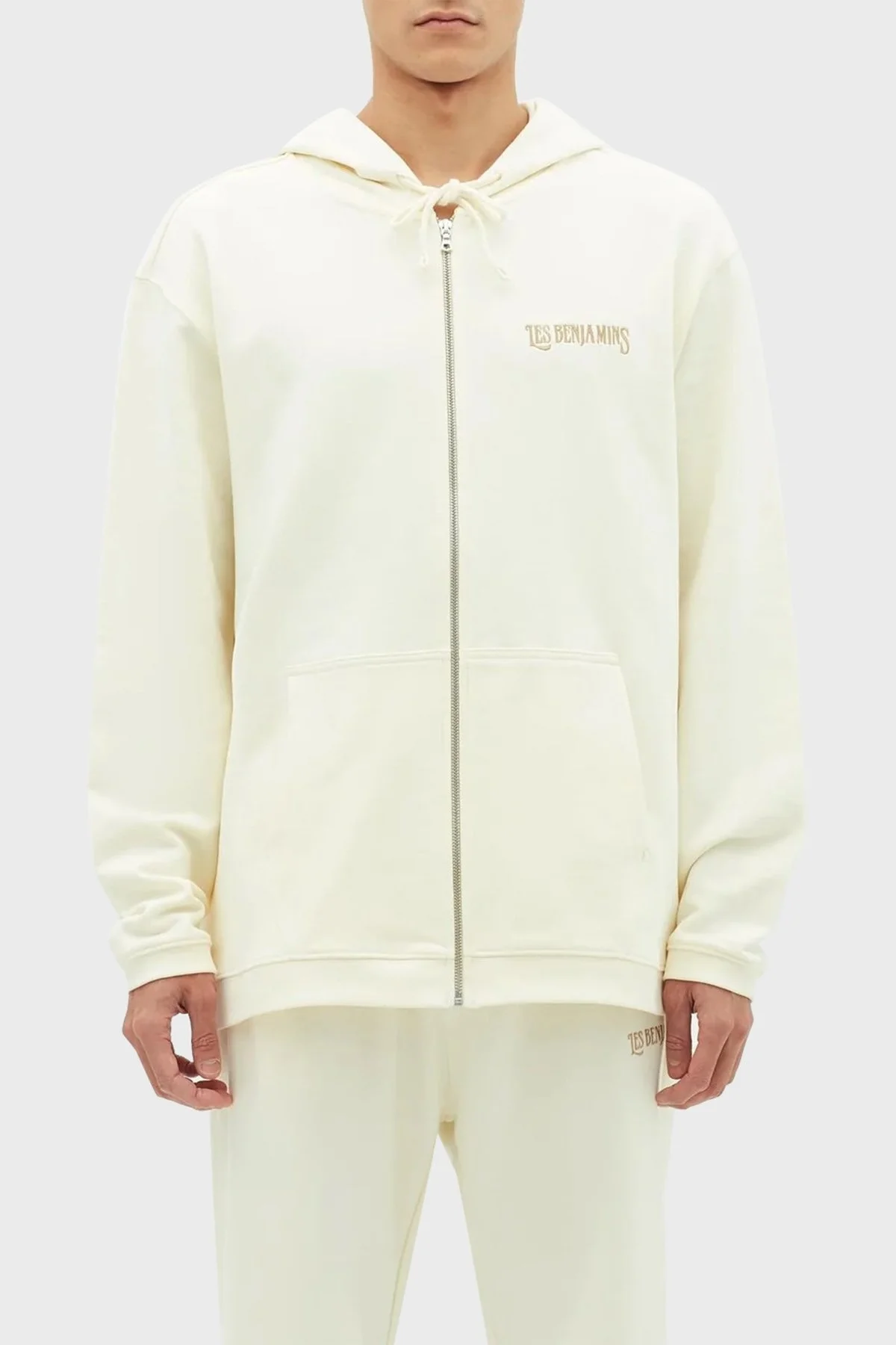 Les Benjamins % 100 Pamuk Oversize Fermuarlı Kapüşonlu Erkek Sweat LB23SSHOEMUZH-002 BEYAZ - 1