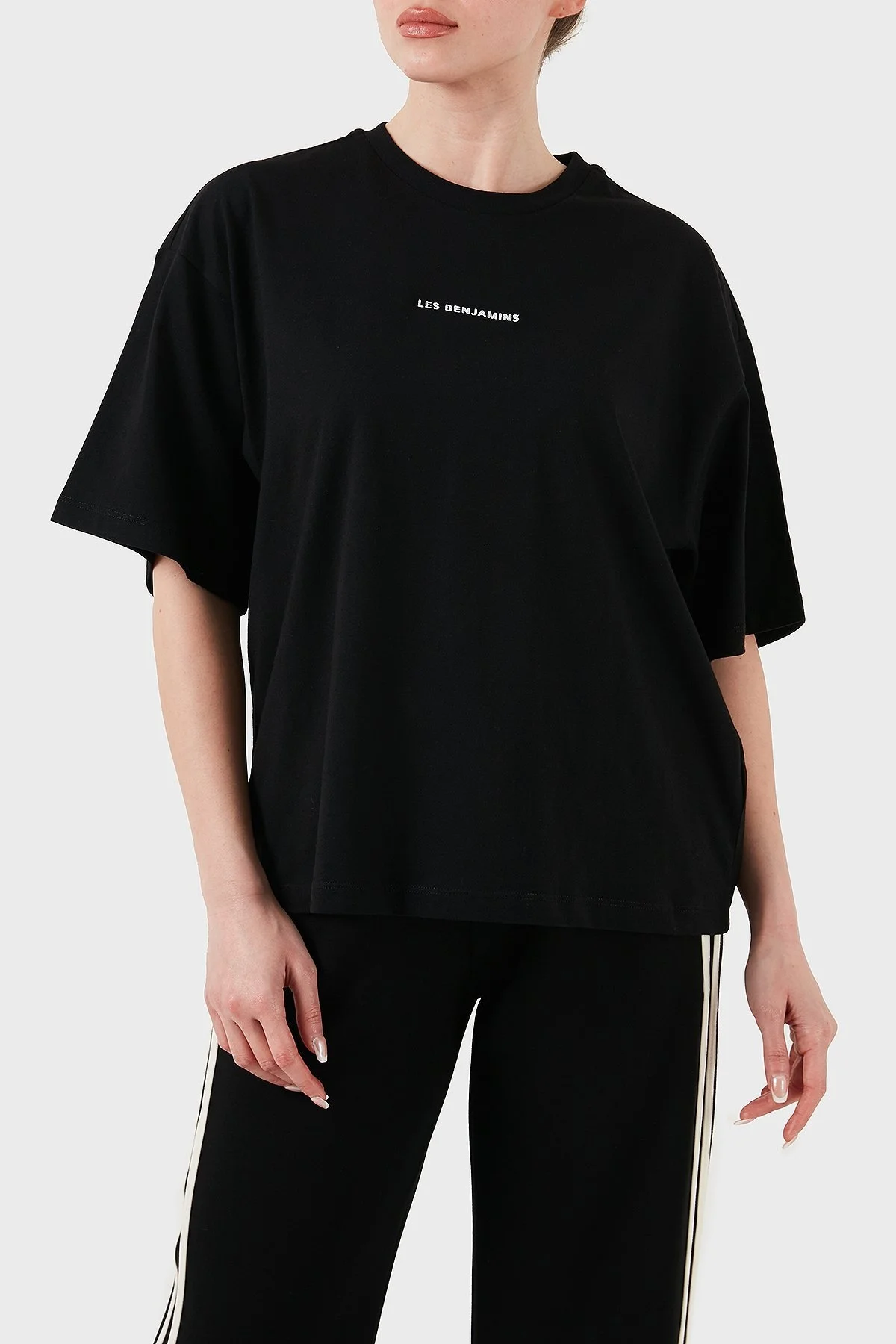 Les Benjamins % 100 Pamuk Oversize Fit Bisiklet Yaka Logolu Bayan T Shirt LBNOOSESSFUTS-307 SİYAH - 7