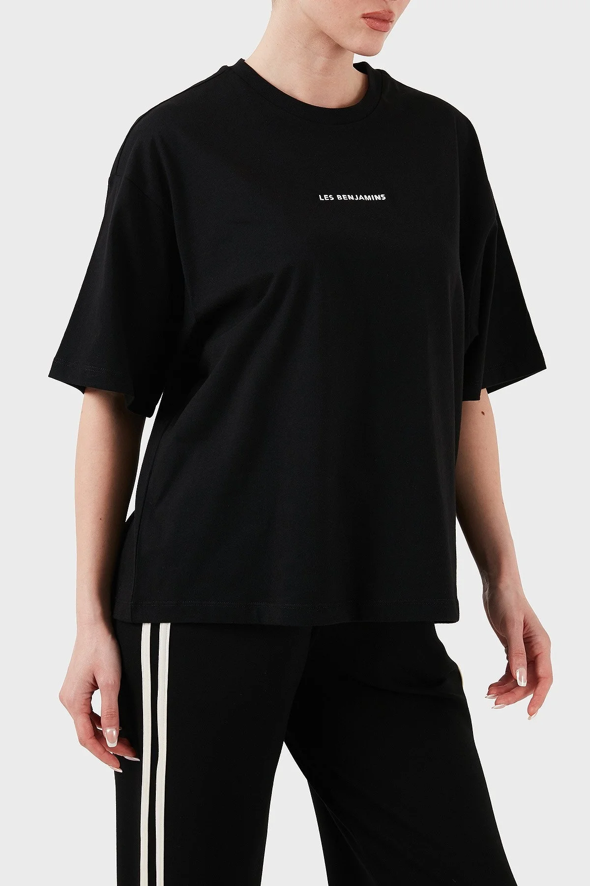 Les Benjamins % 100 Pamuk Oversize Fit Bisiklet Yaka Logolu Bayan T Shirt LBNOOSESSFUTS-307 SİYAH - 10