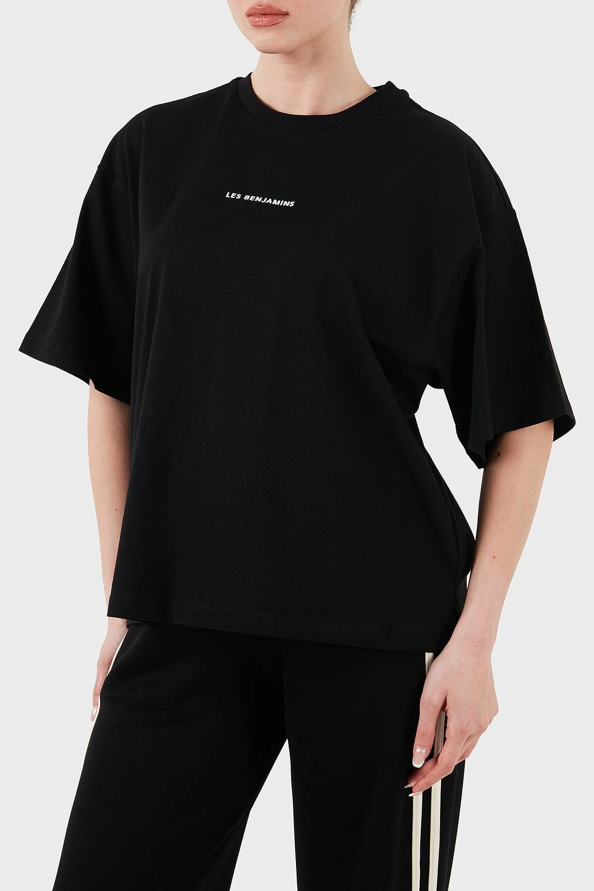 Les Benjamins % 100 Pamuk Oversize Fit Bisiklet Yaka Logolu Bayan T Shirt LBNOOSESSFUTS-307 SİYAH - 11