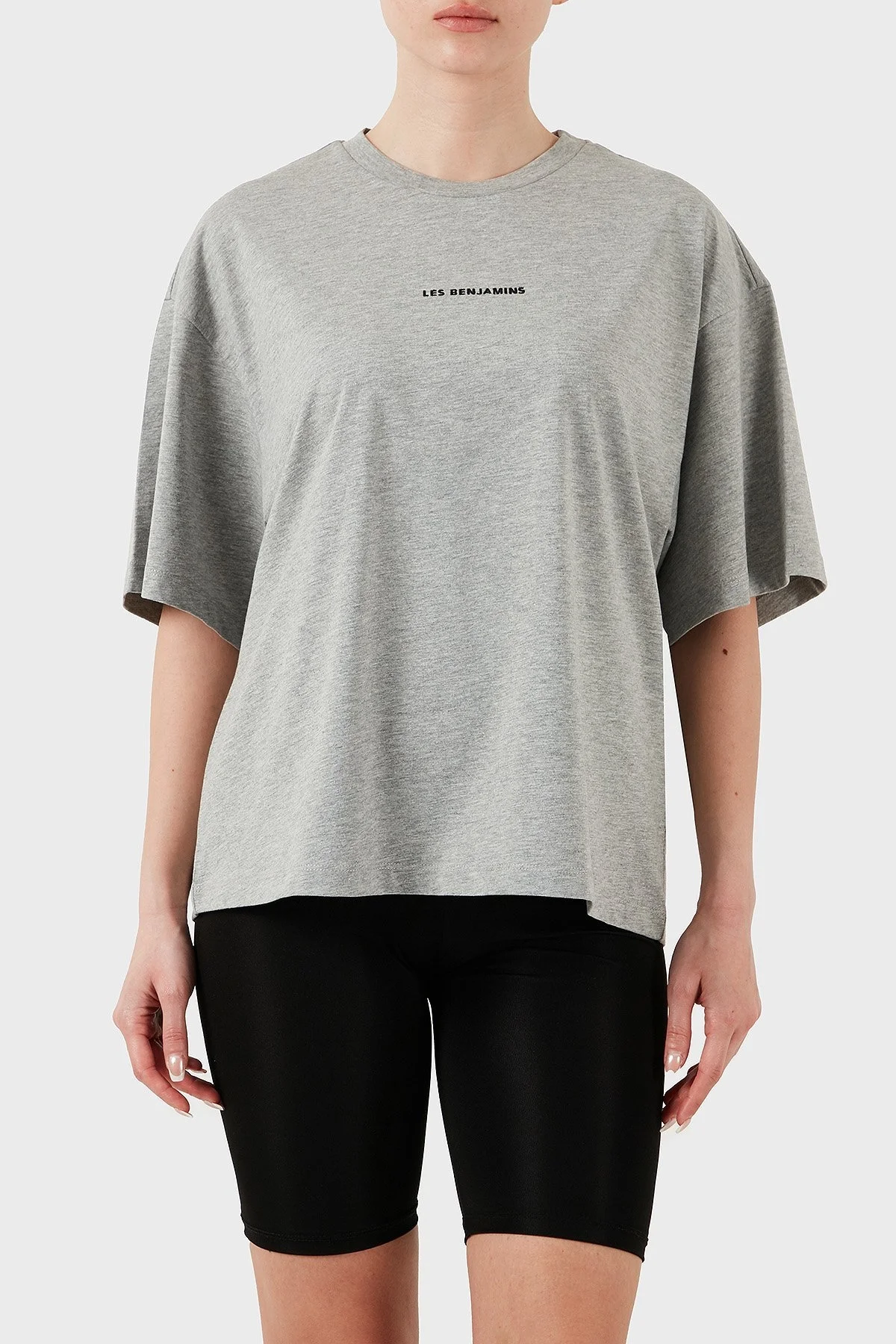 Les Benjamins % 100 Pamuk Oversize Fit Bisiklet Yaka Logolu Bayan T Shirt LBNOOSESSFUTS-308 GRİ MELANJ - 8
