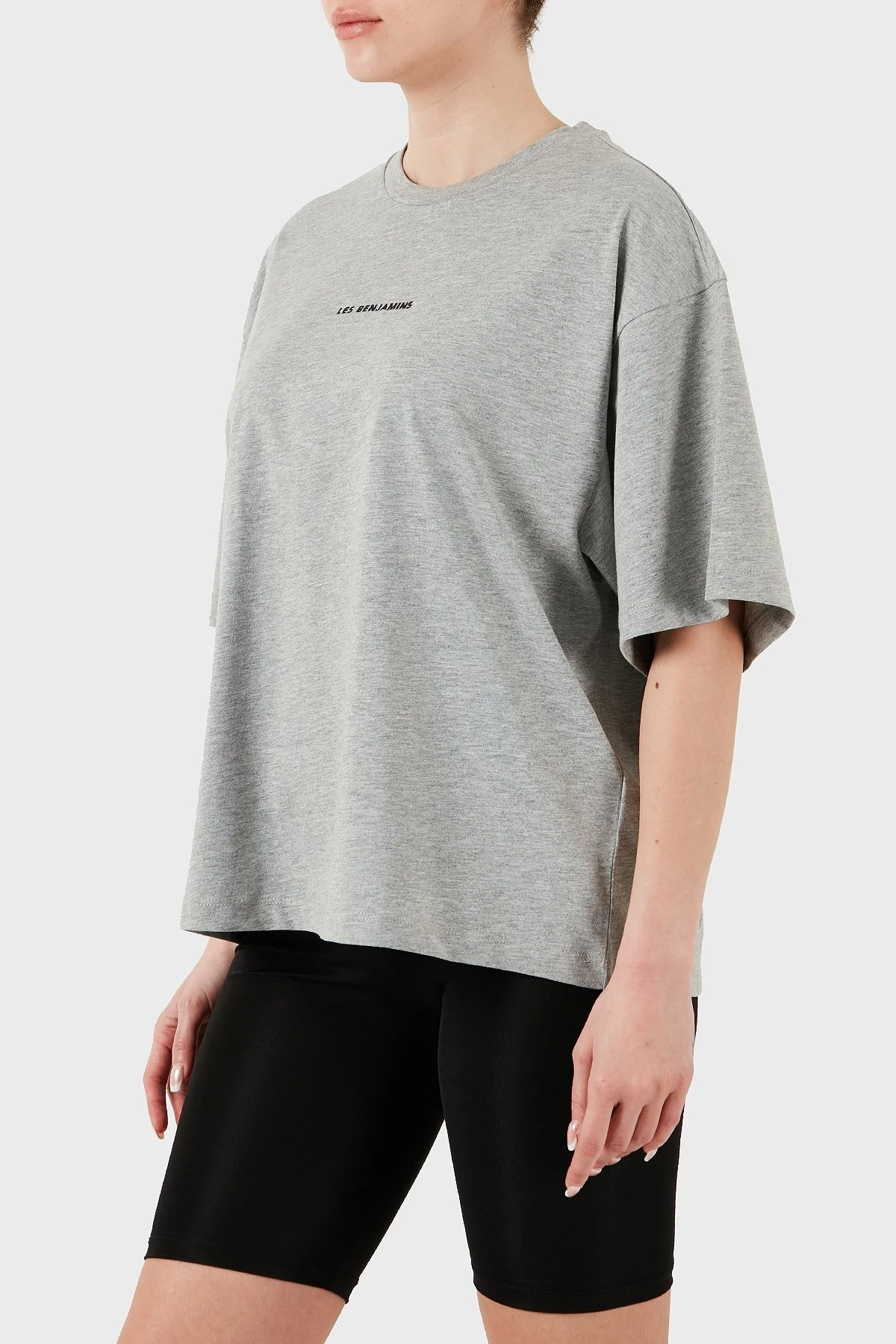 Les Benjamins % 100 Pamuk Oversize Fit Bisiklet Yaka Logolu Bayan T Shirt LBNOOSESSFUTS-308 GRİ MELANJ - 11