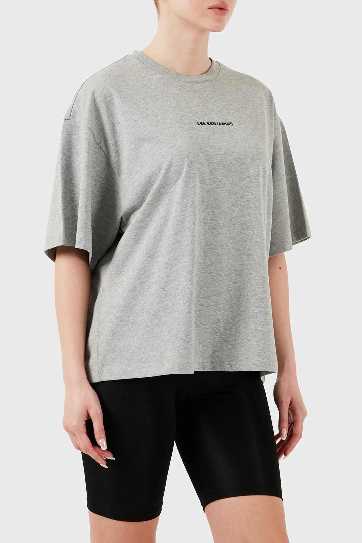 Les Benjamins % 100 Pamuk Oversize Fit Bisiklet Yaka Logolu Bayan T Shirt LBNOOSESSFUTS-308 GRİ MELANJ - 12