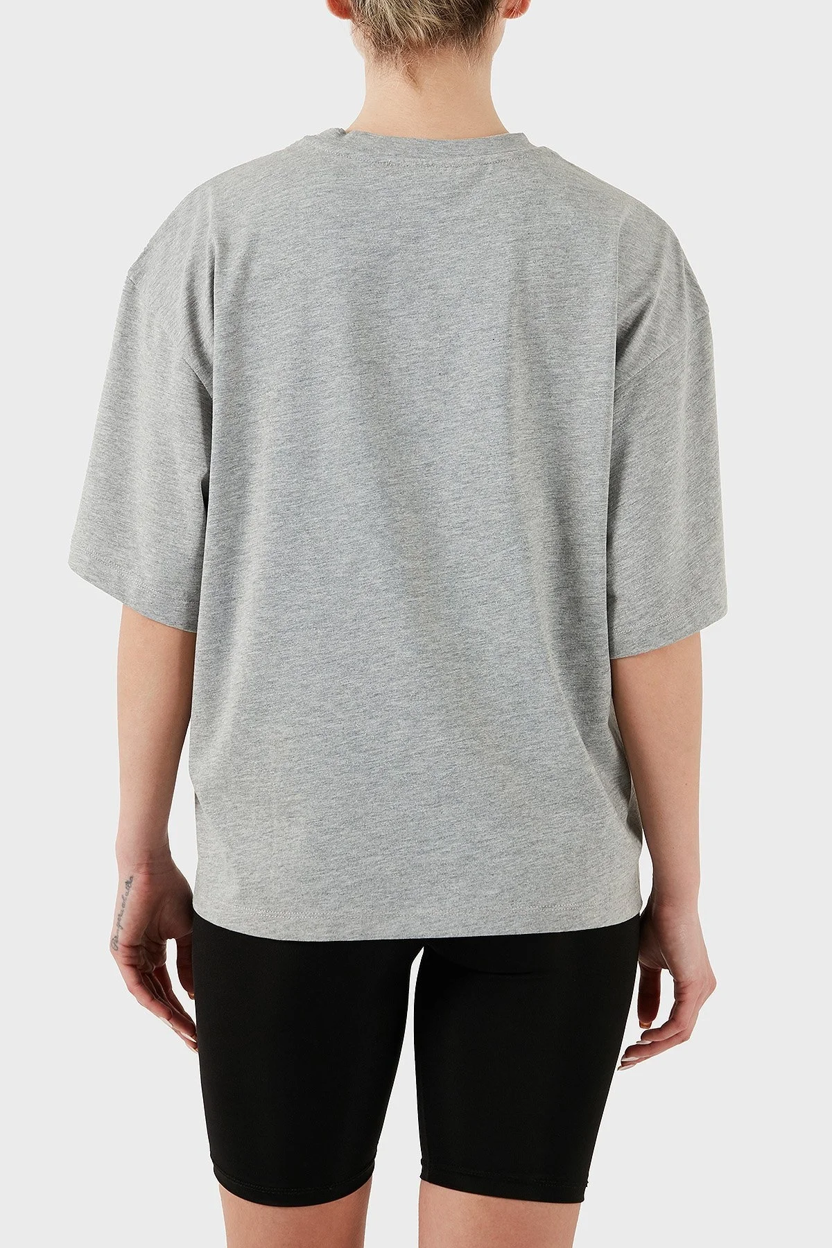 Les Benjamins % 100 Pamuk Oversize Fit Bisiklet Yaka Logolu Bayan T Shirt LBNOOSESSFUTS-308 GRİ MELANJ - 14