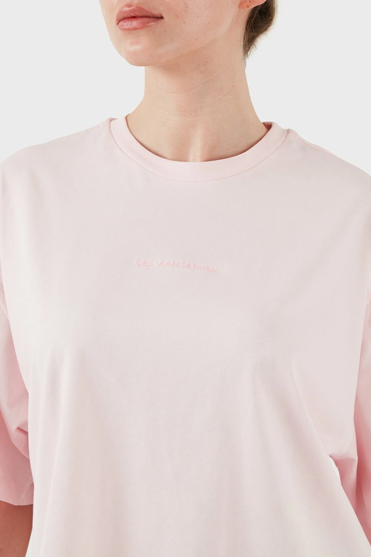 Les Benjamins % 100 Pamuk Oversize Fit Bisiklet Yaka Logolu Bayan T Shirt LBNOOSESSFUTS-312 AÇIK PEMBE - 12