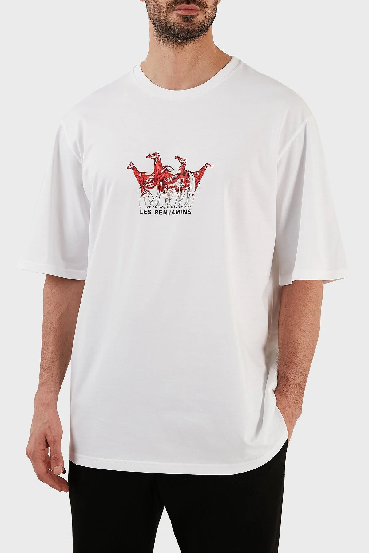 Les Benjamins Baskılı % 100 Pamuk Oversize Fit Bisiklet Yaka Erkek T Shirt LB23SSHOEMUOT-001 BEYAZ - 2