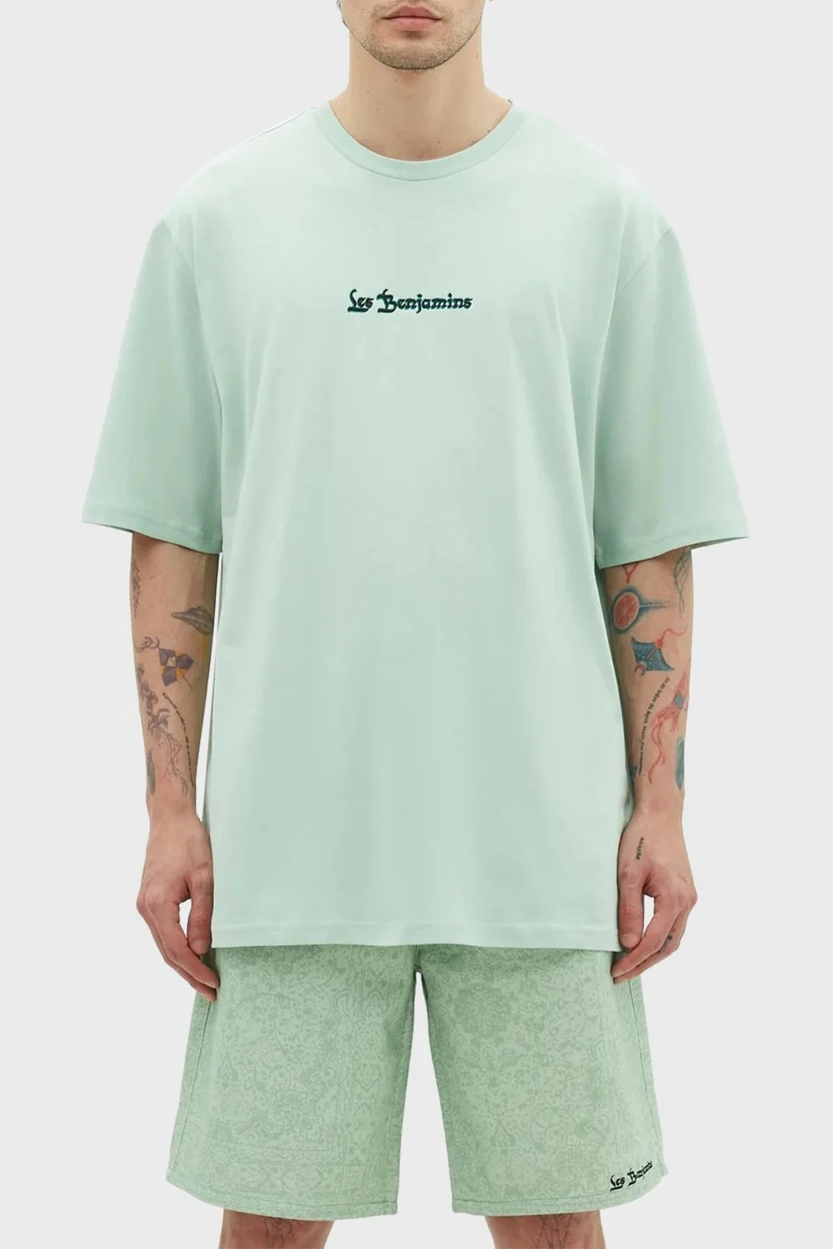 Les Benjamins Baskılı % 100 Pamuk Oversize Fit Bisiklet Yaka Erkek T Shirt LB23SSHOEMUOT-007 AÇIK YEŞİL - 1