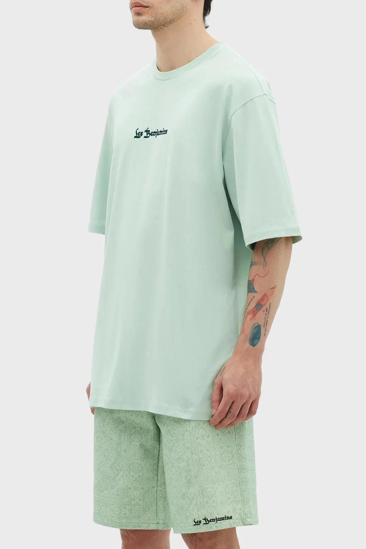 Les Benjamins Baskılı % 100 Pamuk Oversize Fit Bisiklet Yaka Erkek T Shirt LB23SSHOEMUOT-007 AÇIK YEŞİL - 2