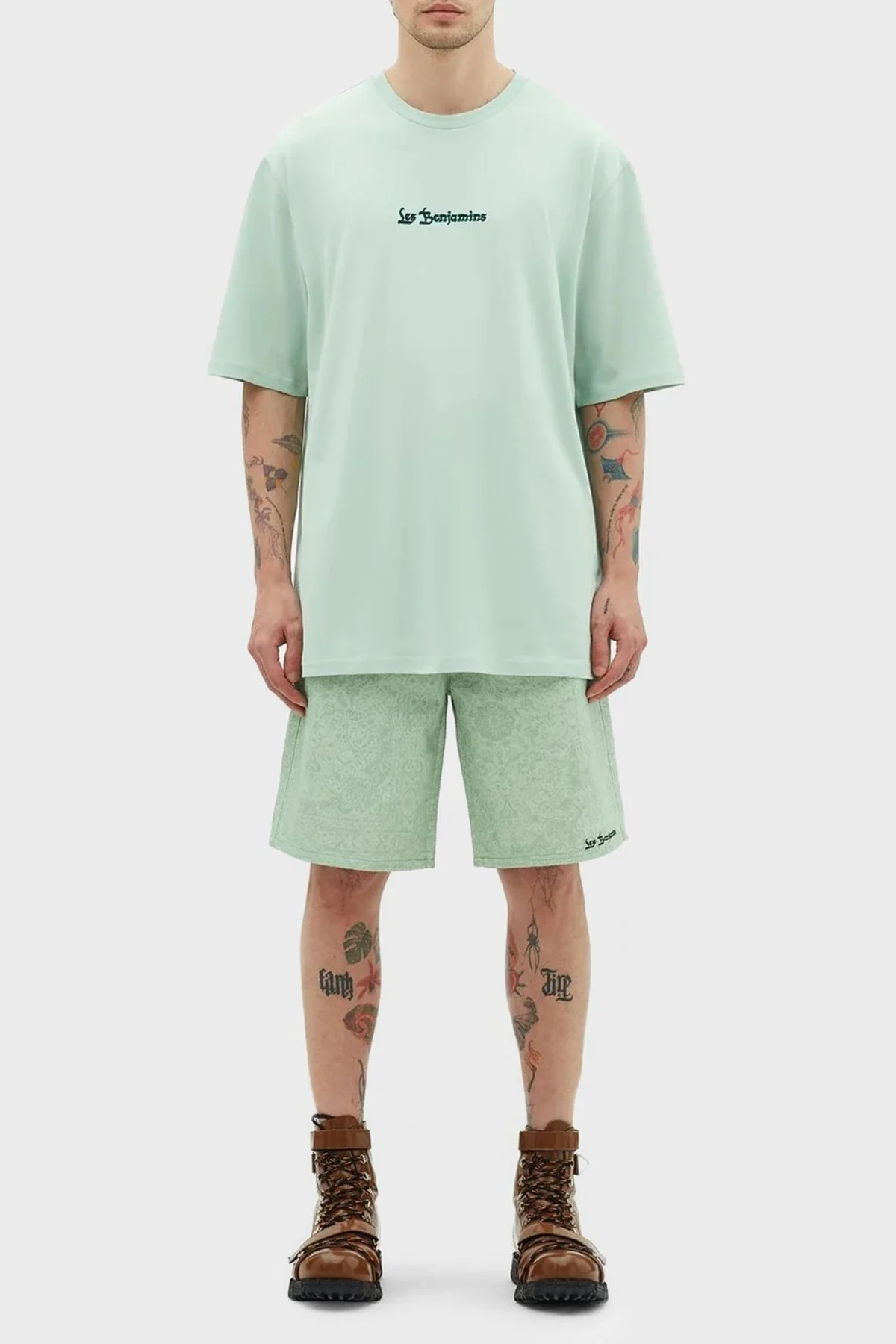 Les Benjamins Baskılı % 100 Pamuk Oversize Fit Bisiklet Yaka Erkek T Shirt LB23SSHOEMUOT-007 AÇIK YEŞİL - 6