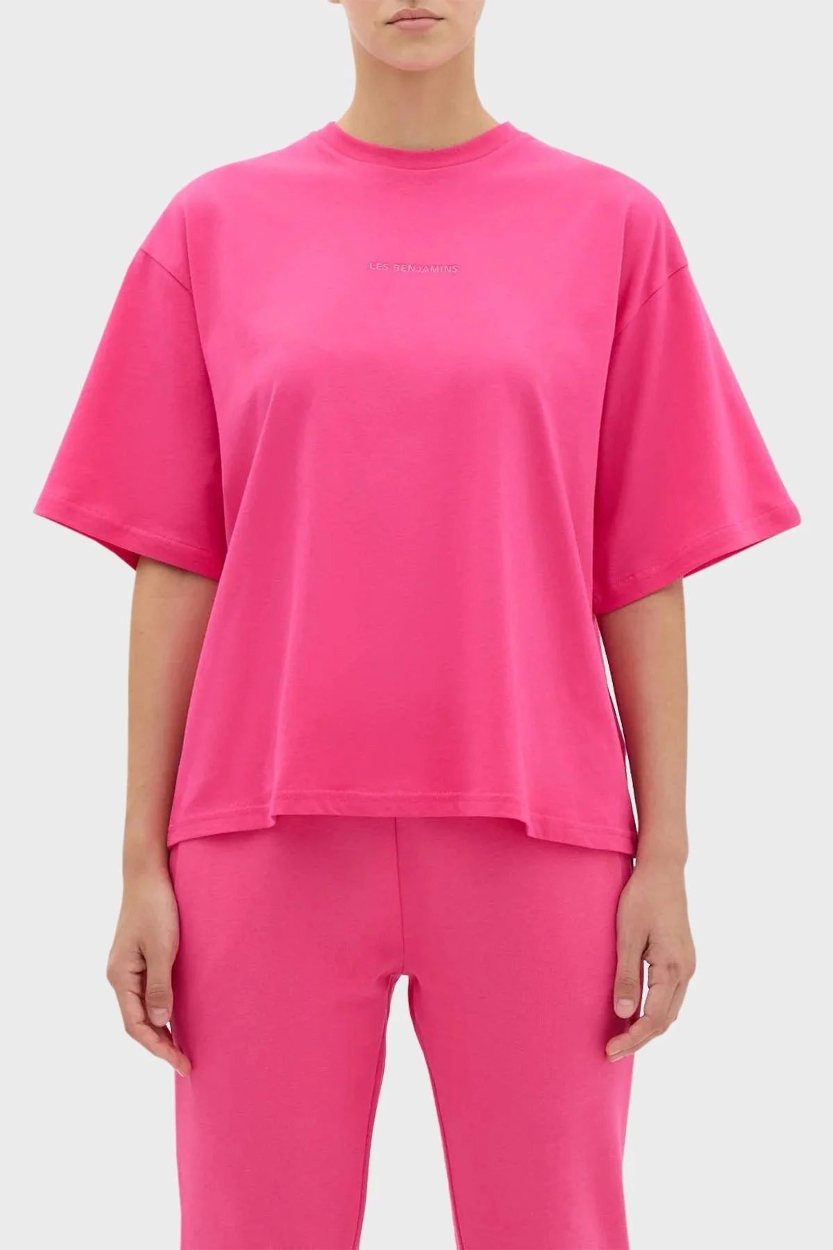 Les Benjamins Bisiklet Yaka % 100 Pamuk Oversize Bayan T Shirt LB23FWESSFUTS-305 PEMBE - 1