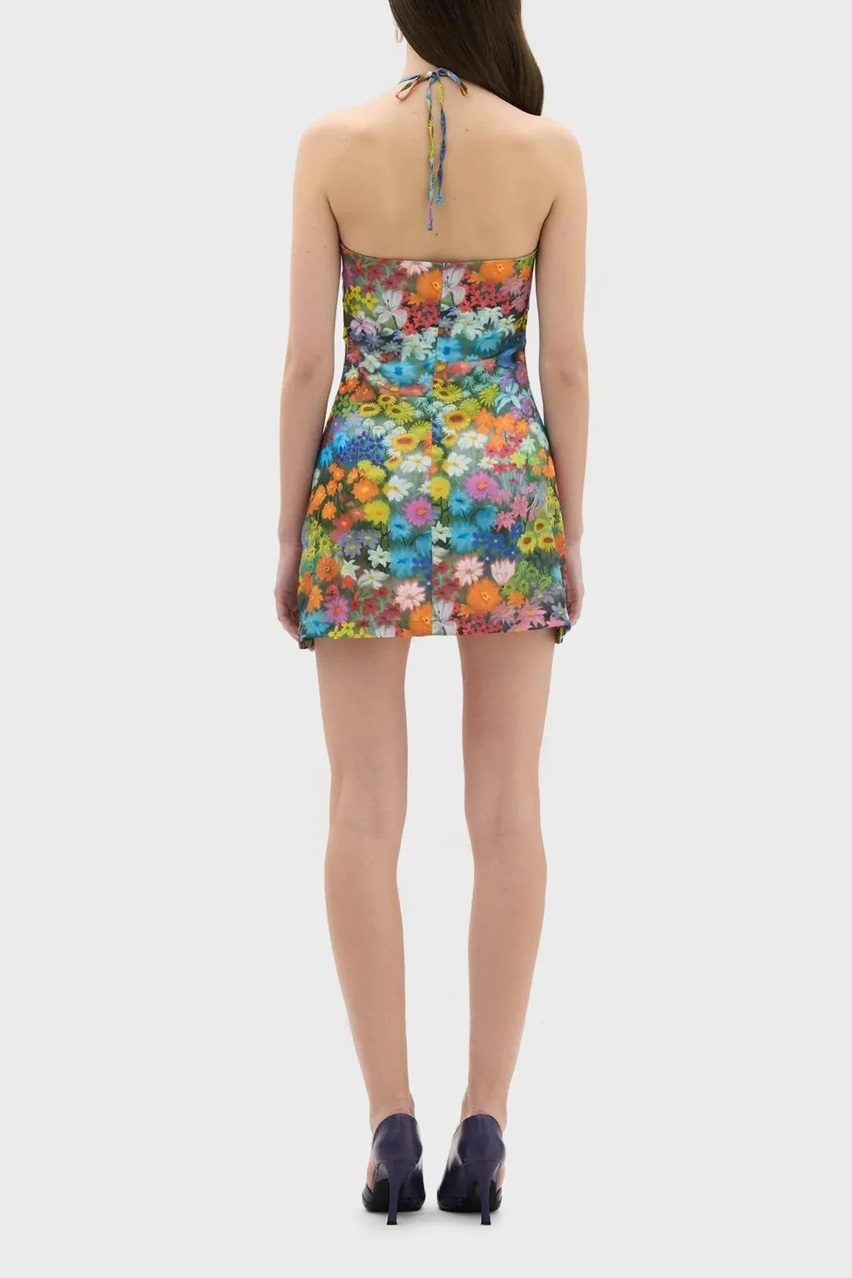 Les Benjamins Çiçek Desenli Boyundan Bağlamalı Mini Bayan Elbise LB23SSHOEFUDR-501 MAVİ-TURUNCU - 8