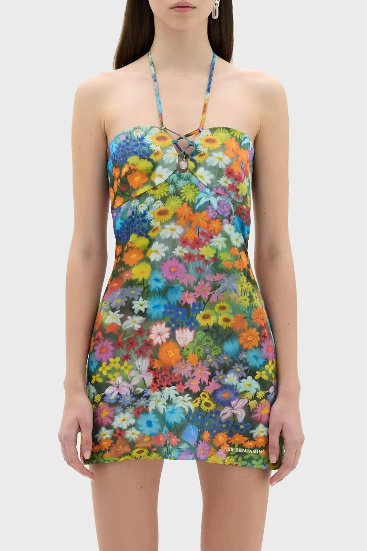 Les Benjamins Çiçek Desenli Boyundan Bağlamalı Mini Bayan Elbise LB23SSHOEFUDR-501 MAVİ-TURUNCU - 9