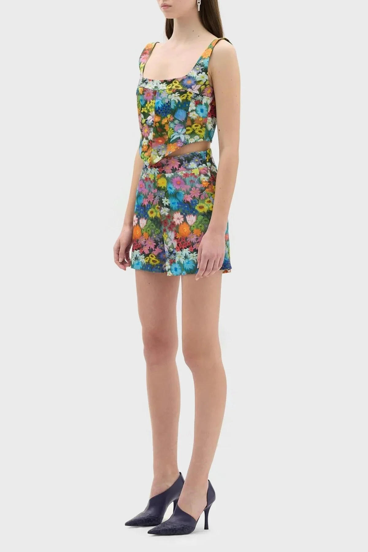 Les Benjamins Çiçek Desenli Yüksek Bel Relaxed Fit Bayan Short LB23SSHOEFUSO-501 MAVİ-TURUNCU - 3