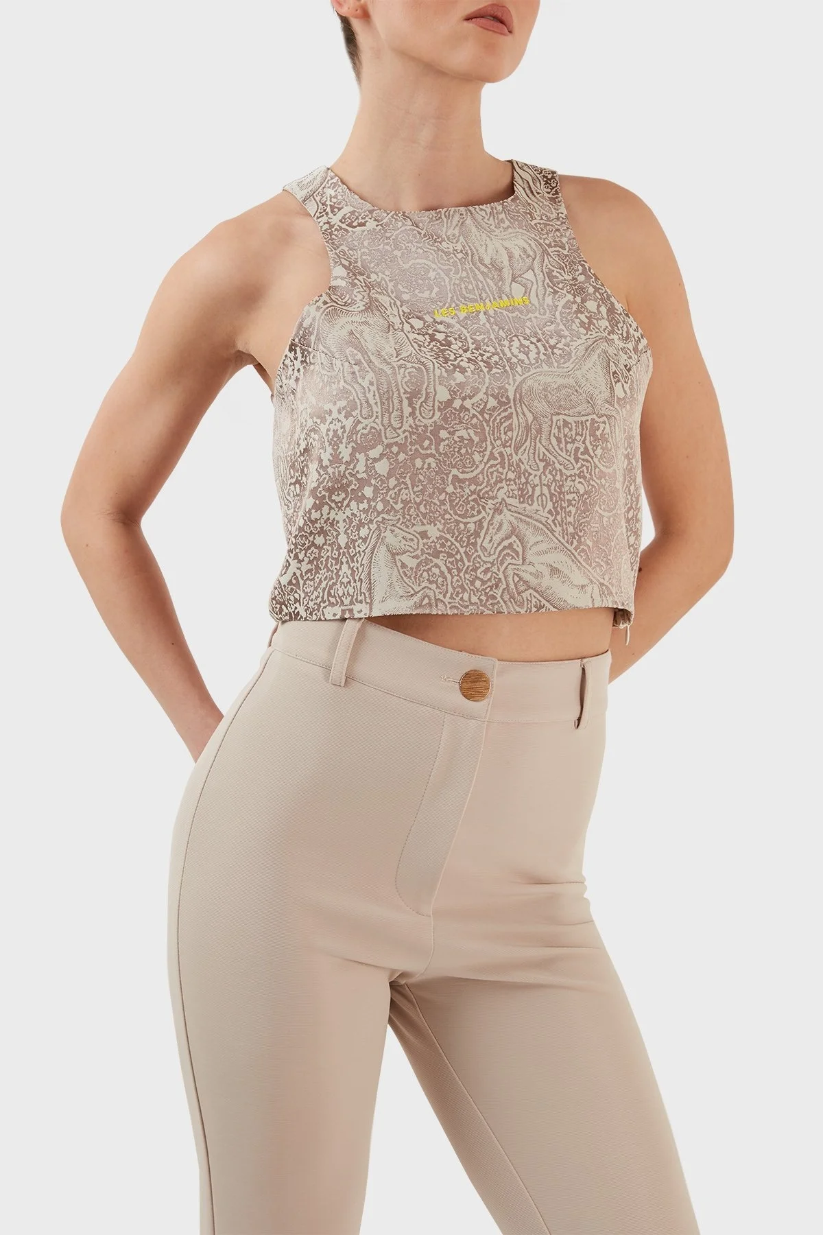 Les Benjamins Desenli Pamuklu Bisiklet Yaka Cropped Bayan T Shirt LB23SSHOEFUTO-006 KAHVE - 3