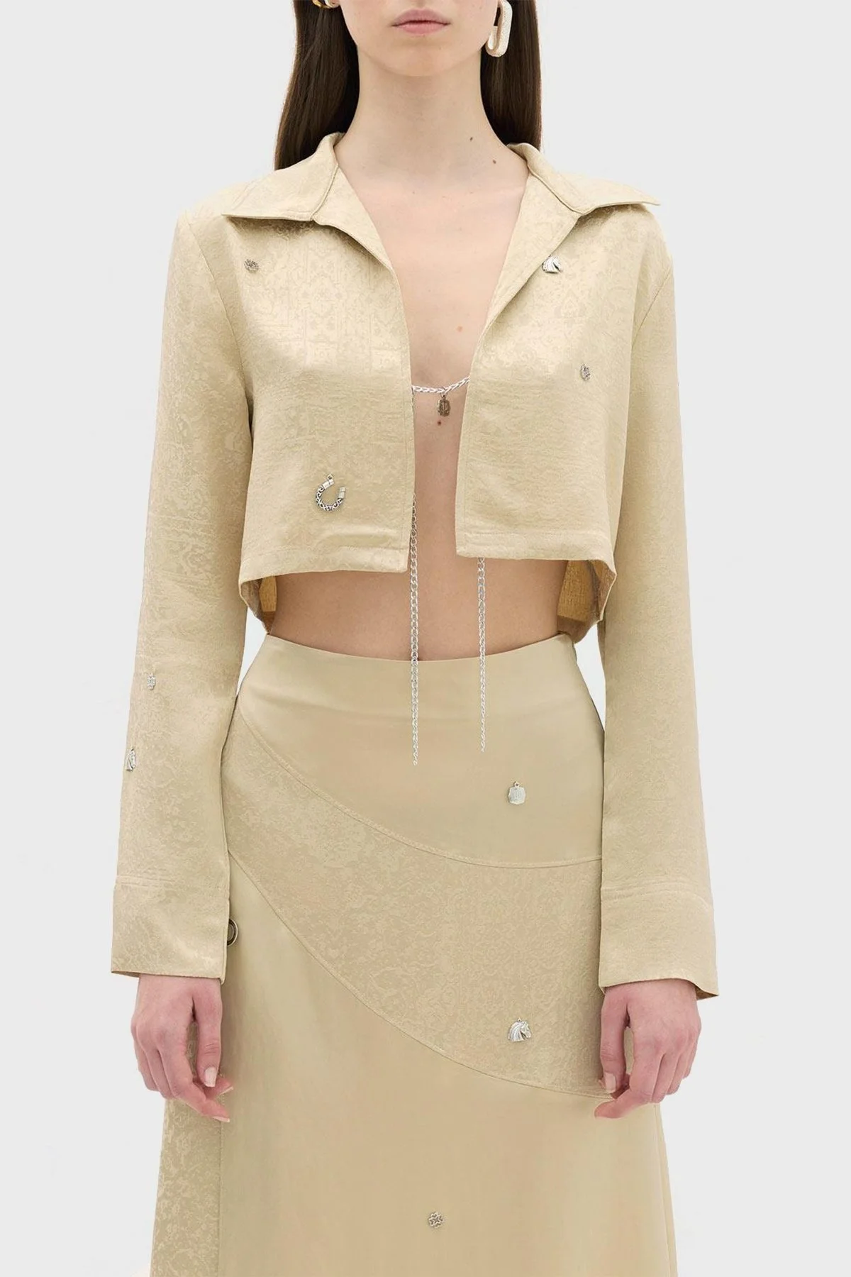 Les Benjamins Jakarlı Zincir Detaylı Rahat Kesim Crop Bayan Gömlek Ceket LB23SSHOEFUSH-101 BEJ - 1
