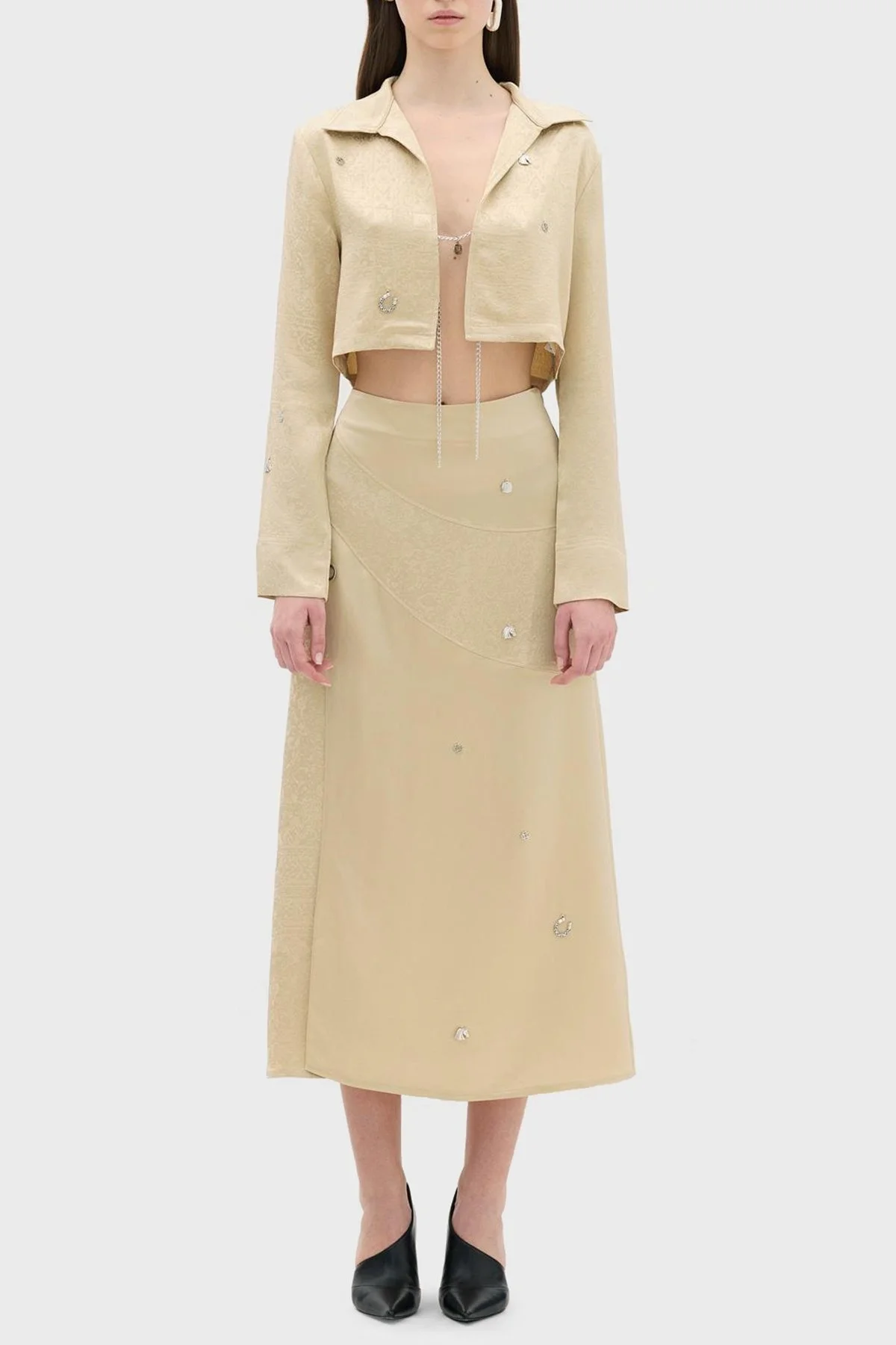 Les Benjamins Jakarlı Zincir Detaylı Rahat Kesim Crop Bayan Gömlek Ceket LB23SSHOEFUSH-101 BEJ - 2