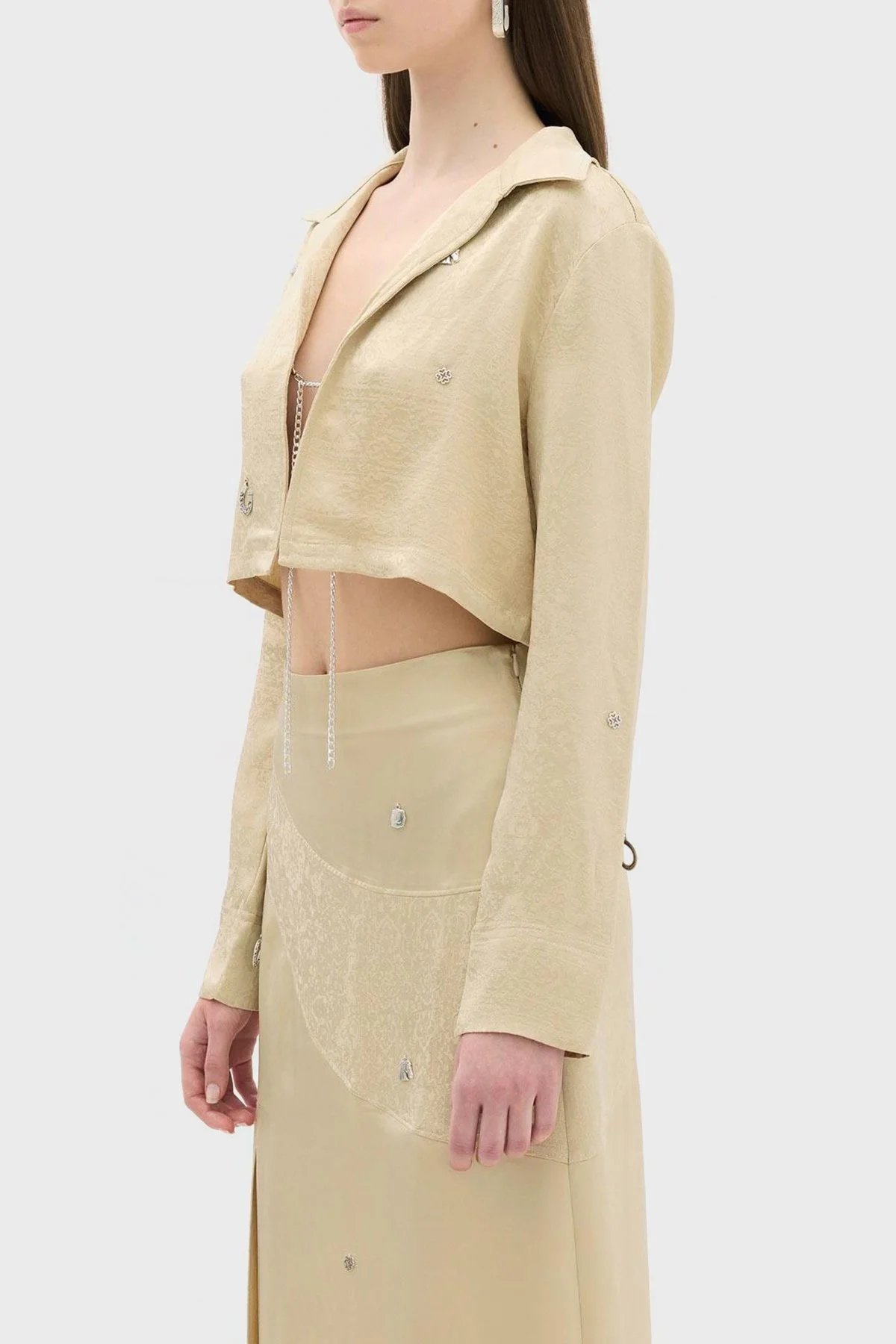 Les Benjamins Jakarlı Zincir Detaylı Rahat Kesim Crop Bayan Gömlek Ceket LB23SSHOEFUSH-101 BEJ - 3