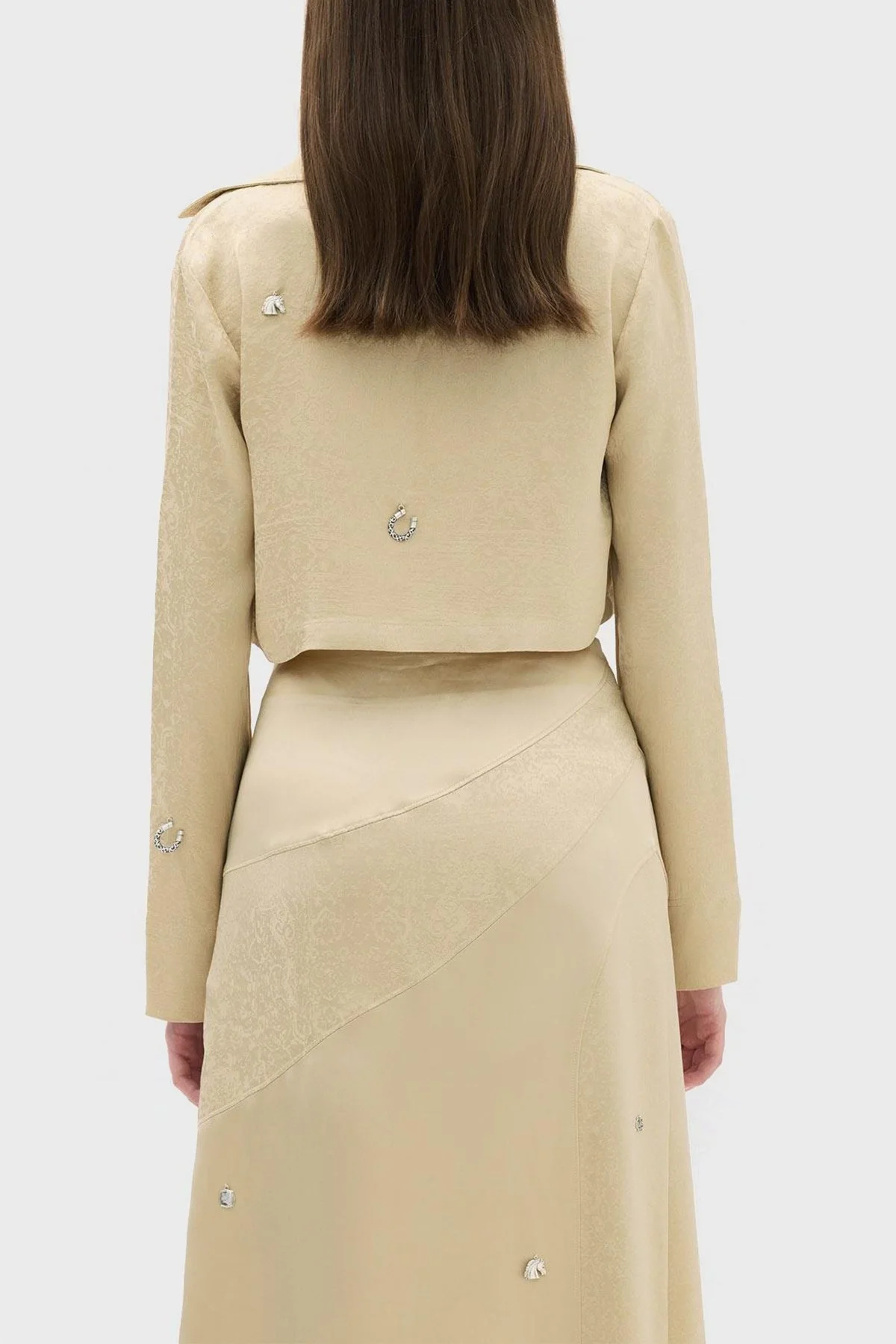 Les Benjamins Jakarlı Zincir Detaylı Rahat Kesim Crop Bayan Gömlek Ceket LB23SSHOEFUSH-101 BEJ - 4