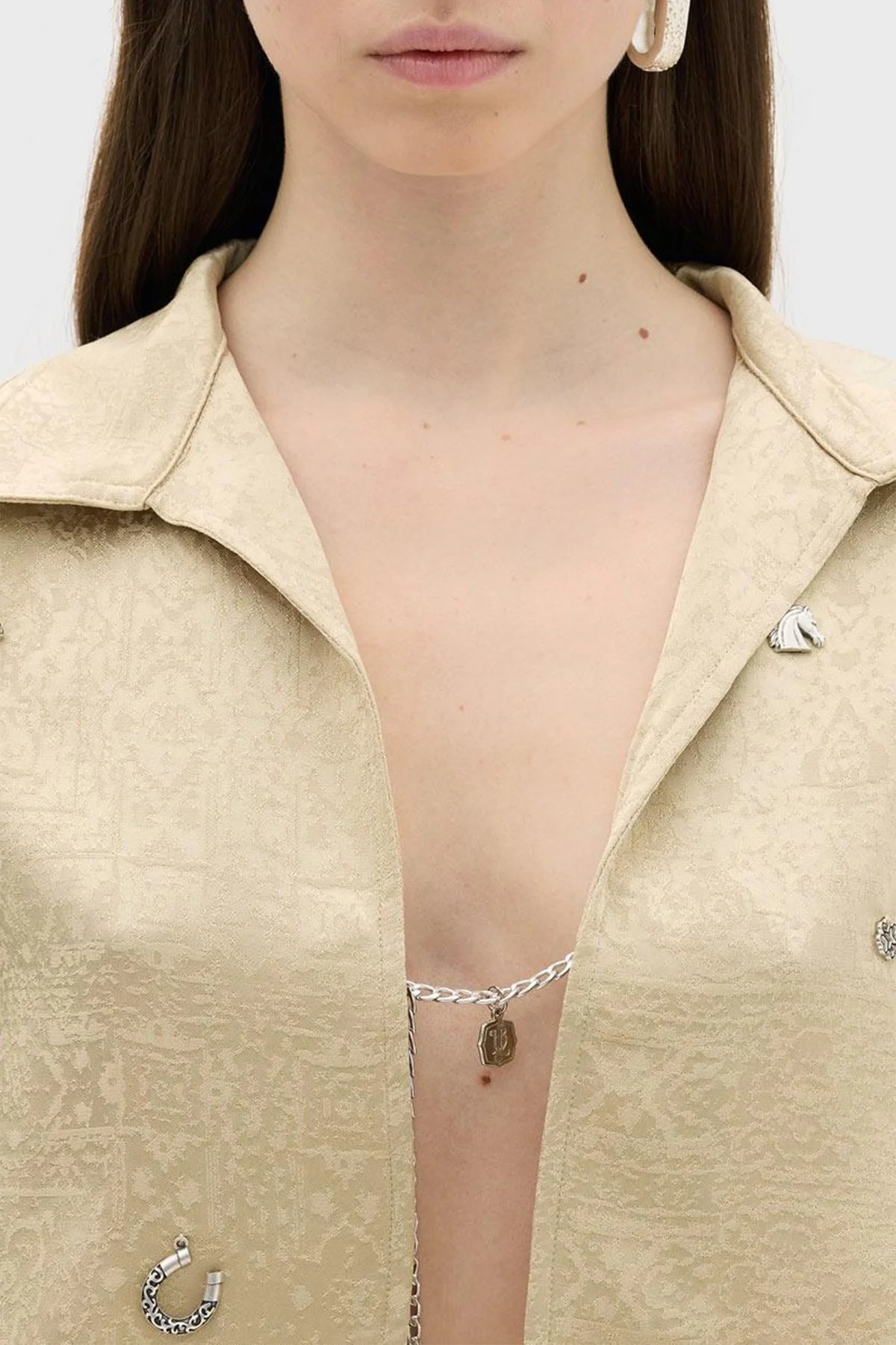 Les Benjamins Jakarlı Zincir Detaylı Rahat Kesim Crop Bayan Gömlek Ceket LB23SSHOEFUSH-101 BEJ - 5