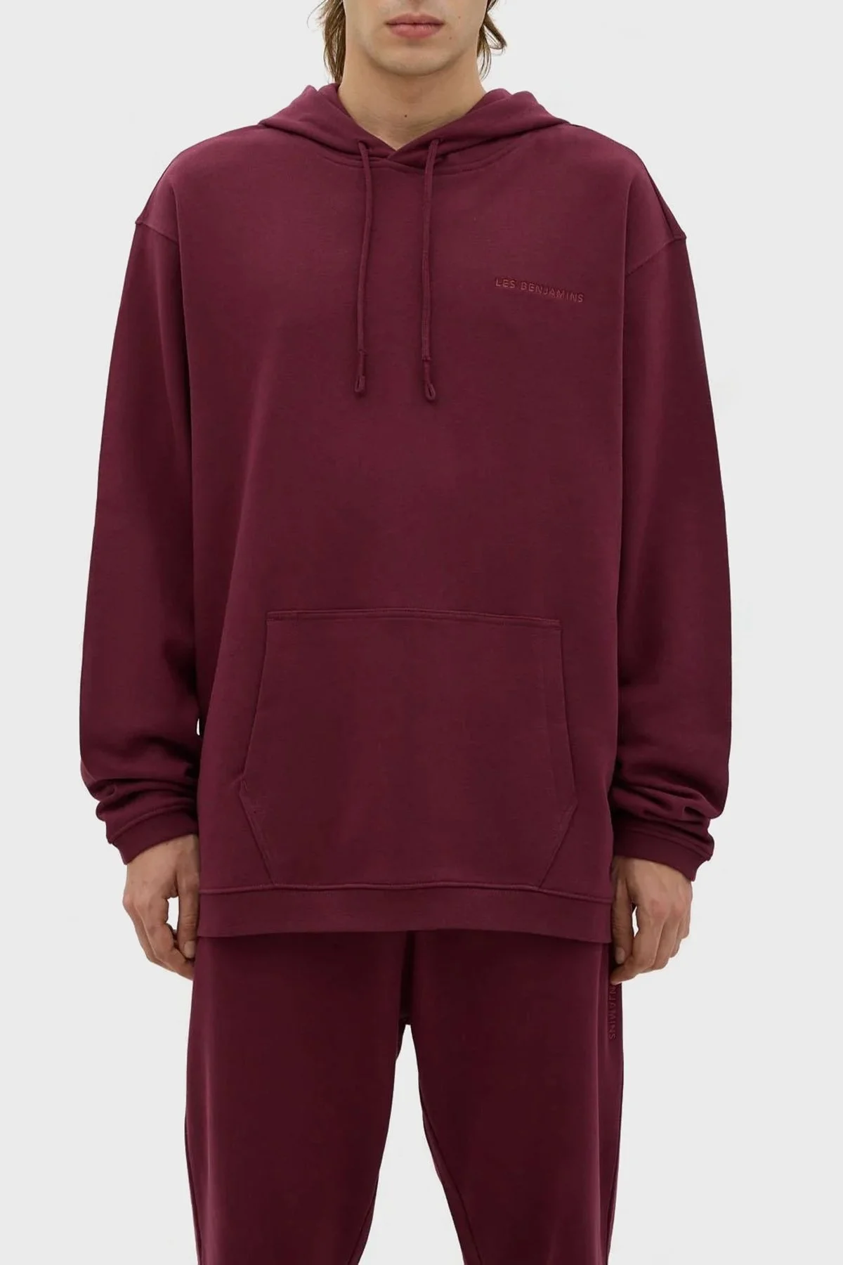 Les Benjamins Kapüşonlu Kanguru Cepli % 100 Pamuk Relaxed Fit Erkek Sweat LB23FWESSMUHD-301 BORDO - 1