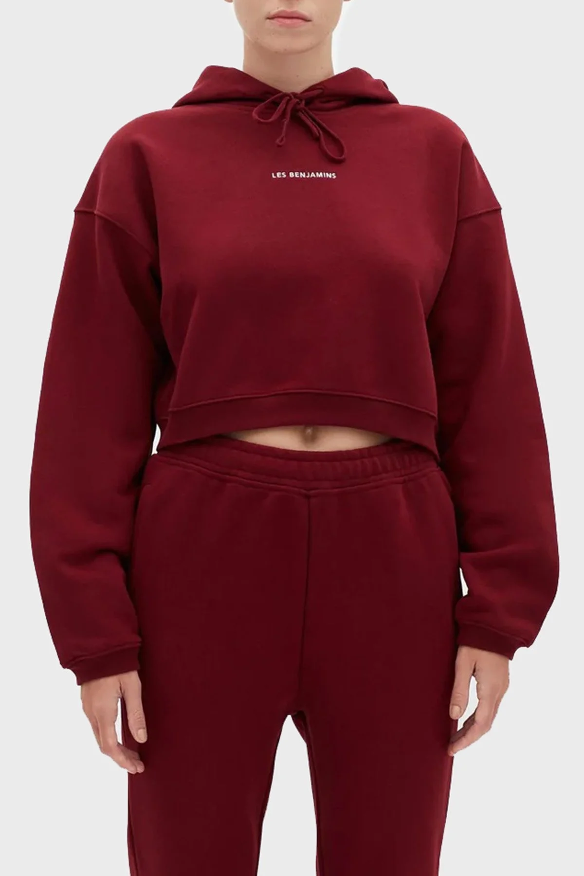 Les Benjamins Logolu Regular Fit Kapüşonlu % 100 Pamuk Crop Bayan Sweat LB22FWESSFUHD-301 BORDO - 1
