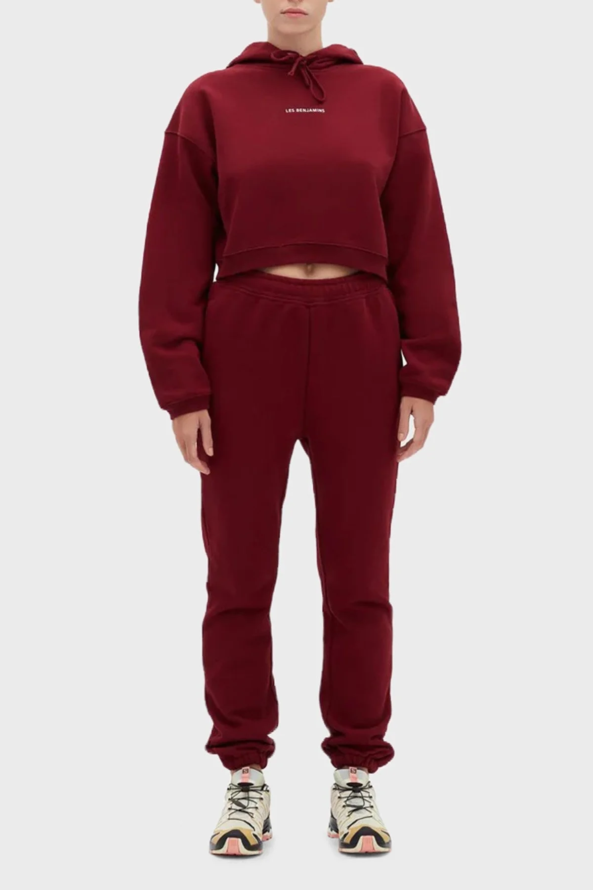 Les Benjamins Logolu Regular Fit Kapüşonlu % 100 Pamuk Crop Bayan Sweat LB22FWESSFUHD-301 BORDO - 3